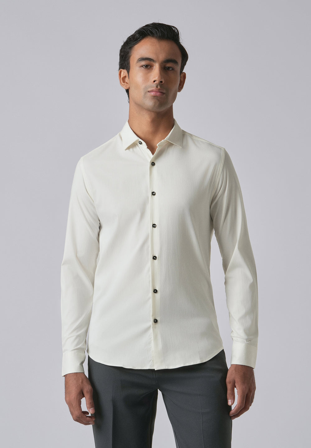 Cream Cotton Stretch Plain Shirt