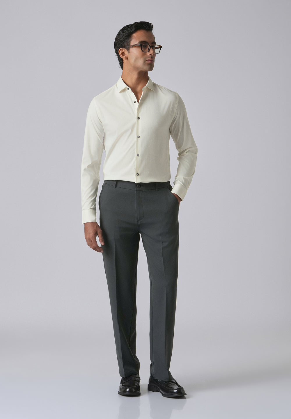 Cream Cotton Stretch Plain Shirt