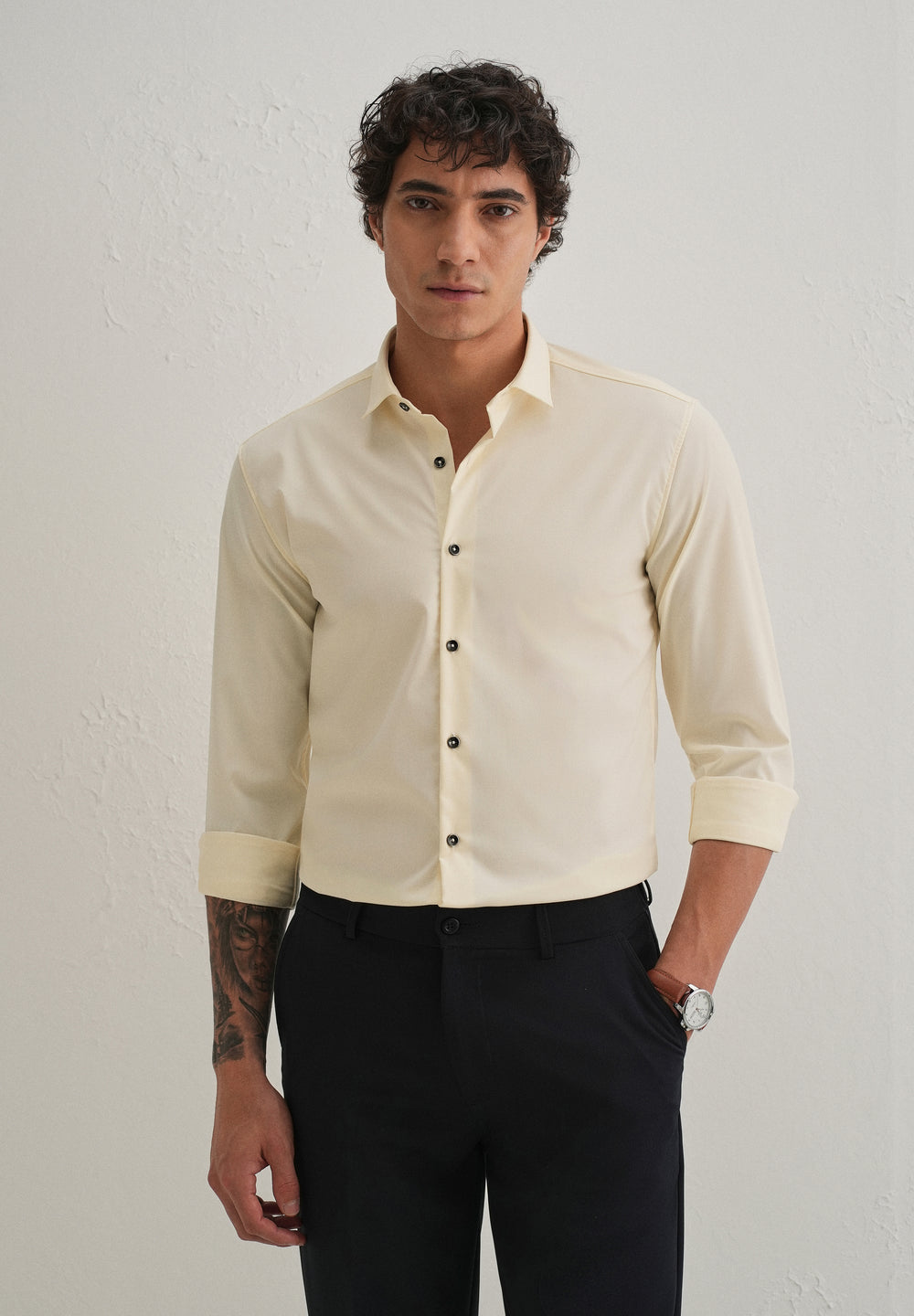 Cream Plain Wrinkle Free Shirt