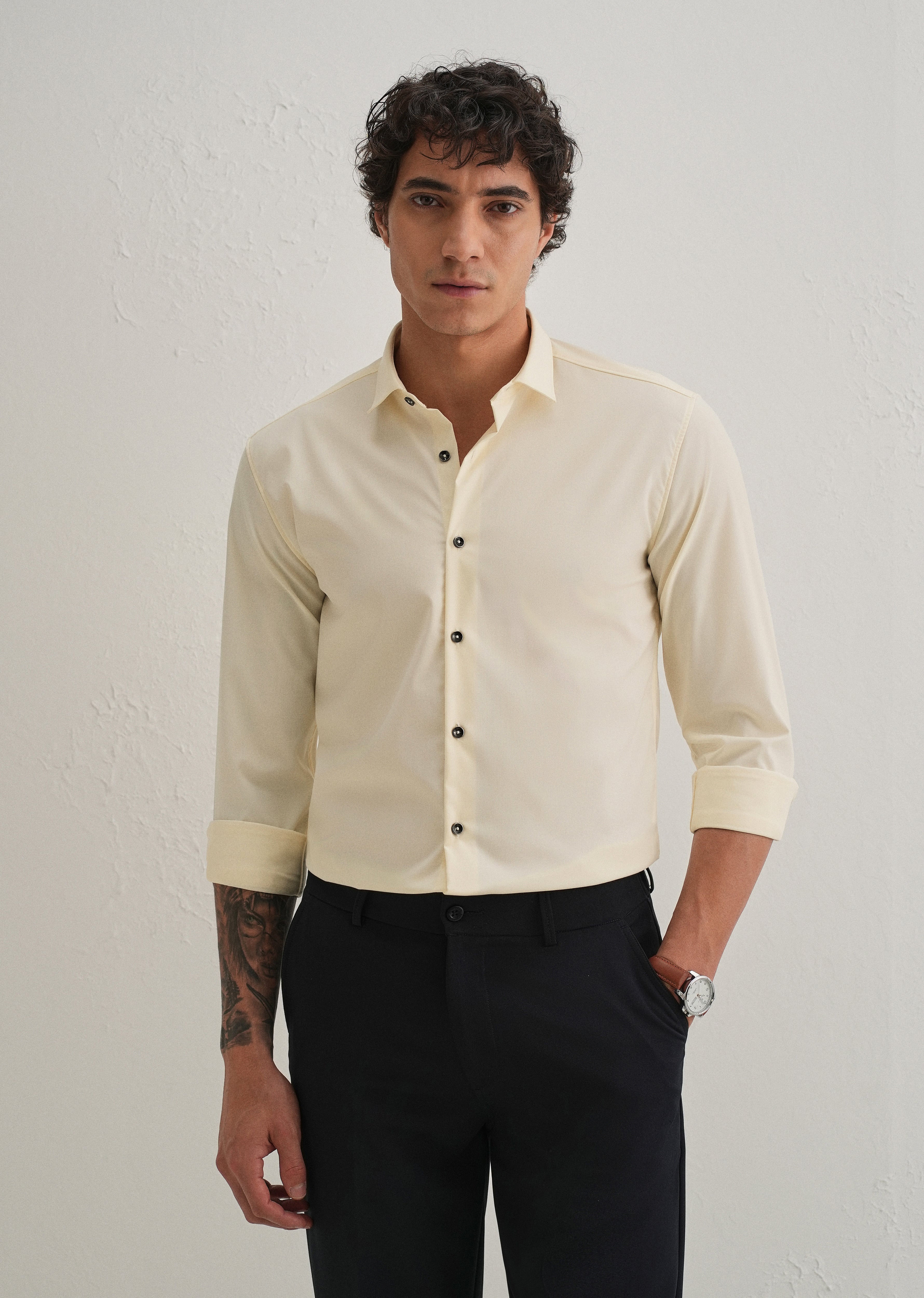 Cream Plain Wrinkle Free Shirt