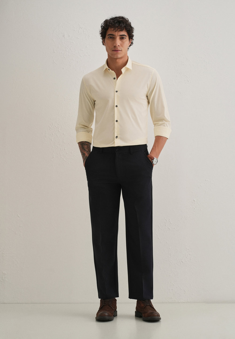 Cream Plain Wrinkle Free Shirt