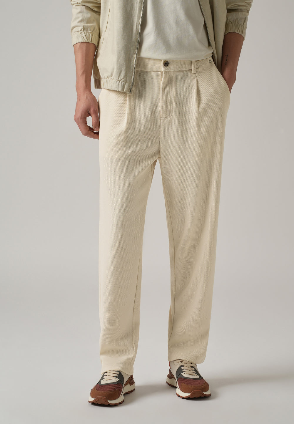 Cream Textured Pleated Relaxed Fit Pant