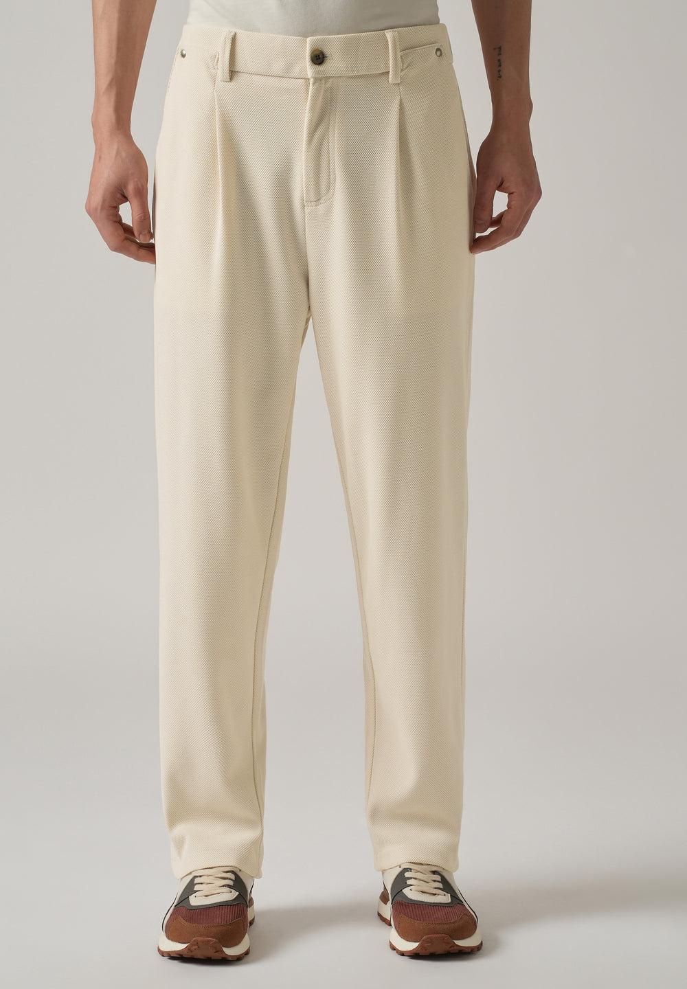 Cream Textured Pleated Relaxed Fit Pant