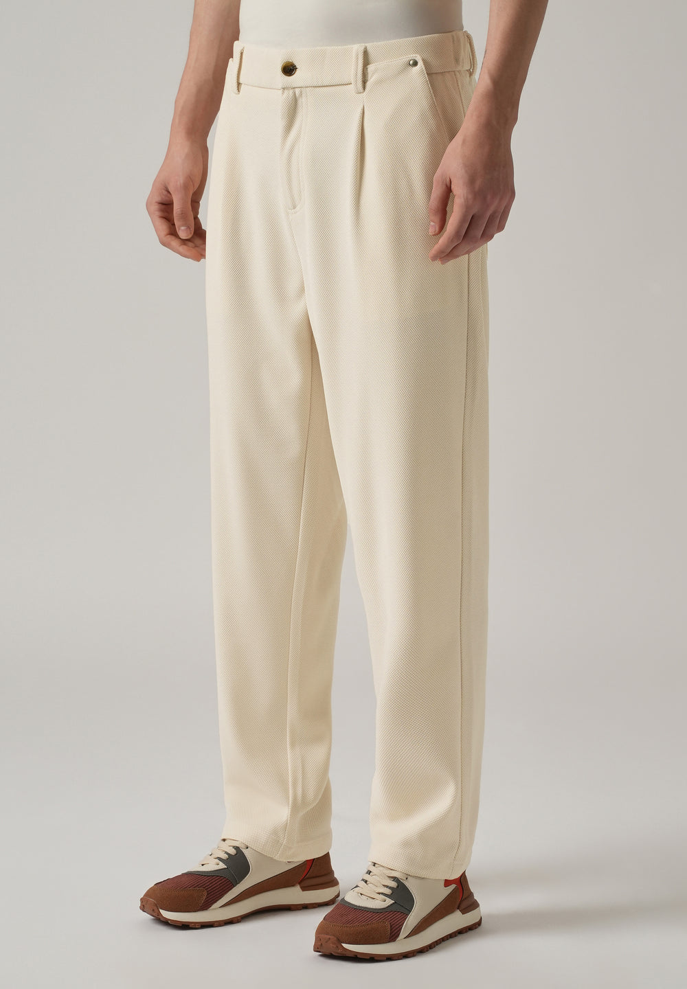 Cream Textured Pleated Relaxed Fit Pant
