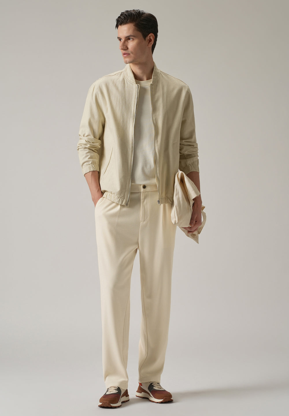 Cream Textured Pleated Relaxed Fit Pant