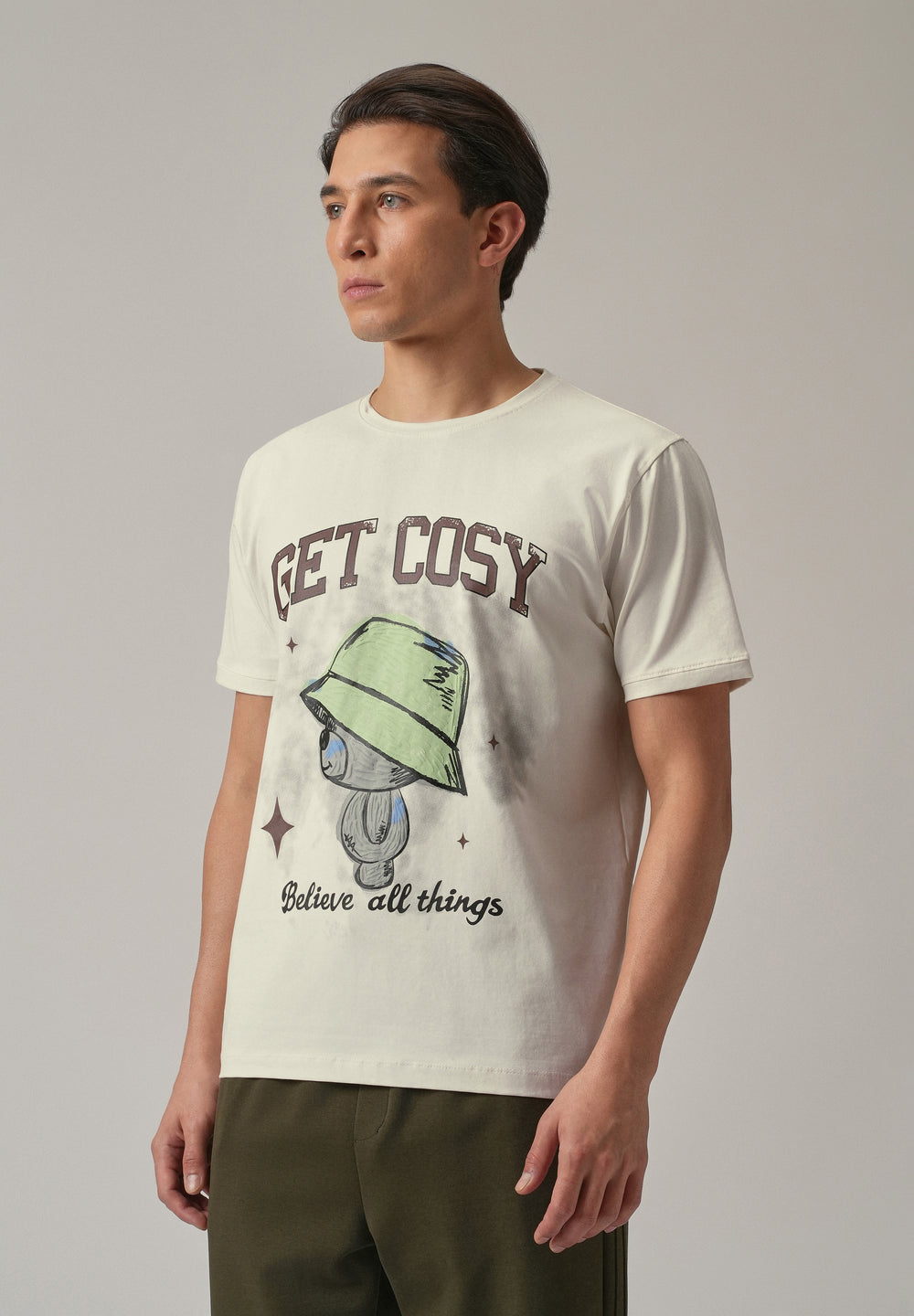 Cream Printed Slim Fit T-Shirt