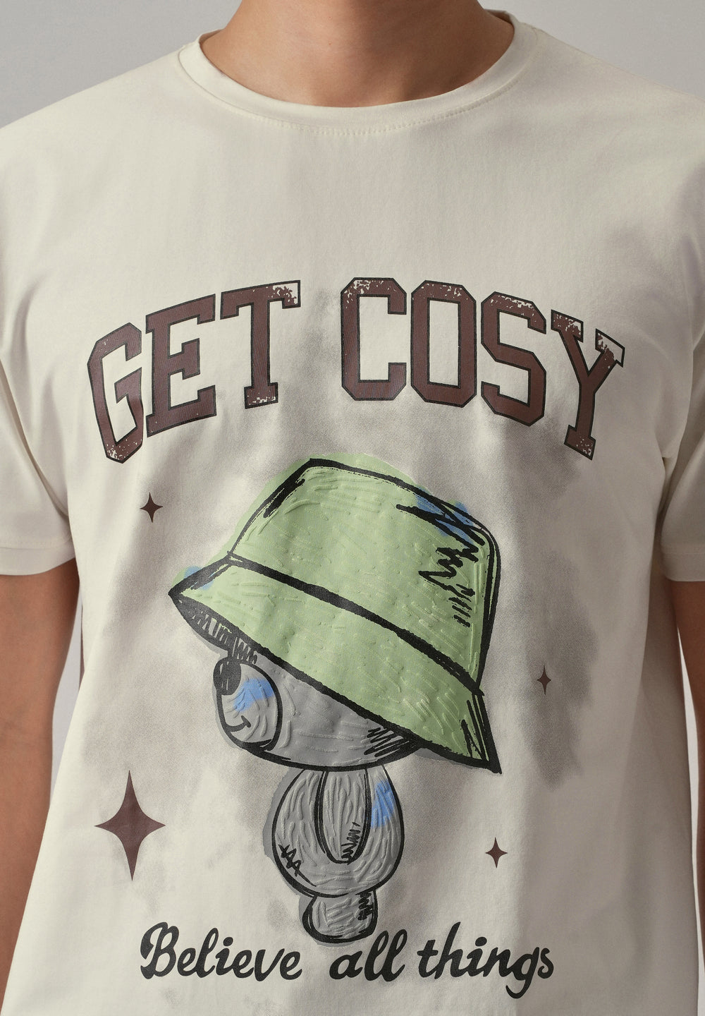 Cream Printed Slim Fit T-Shirt