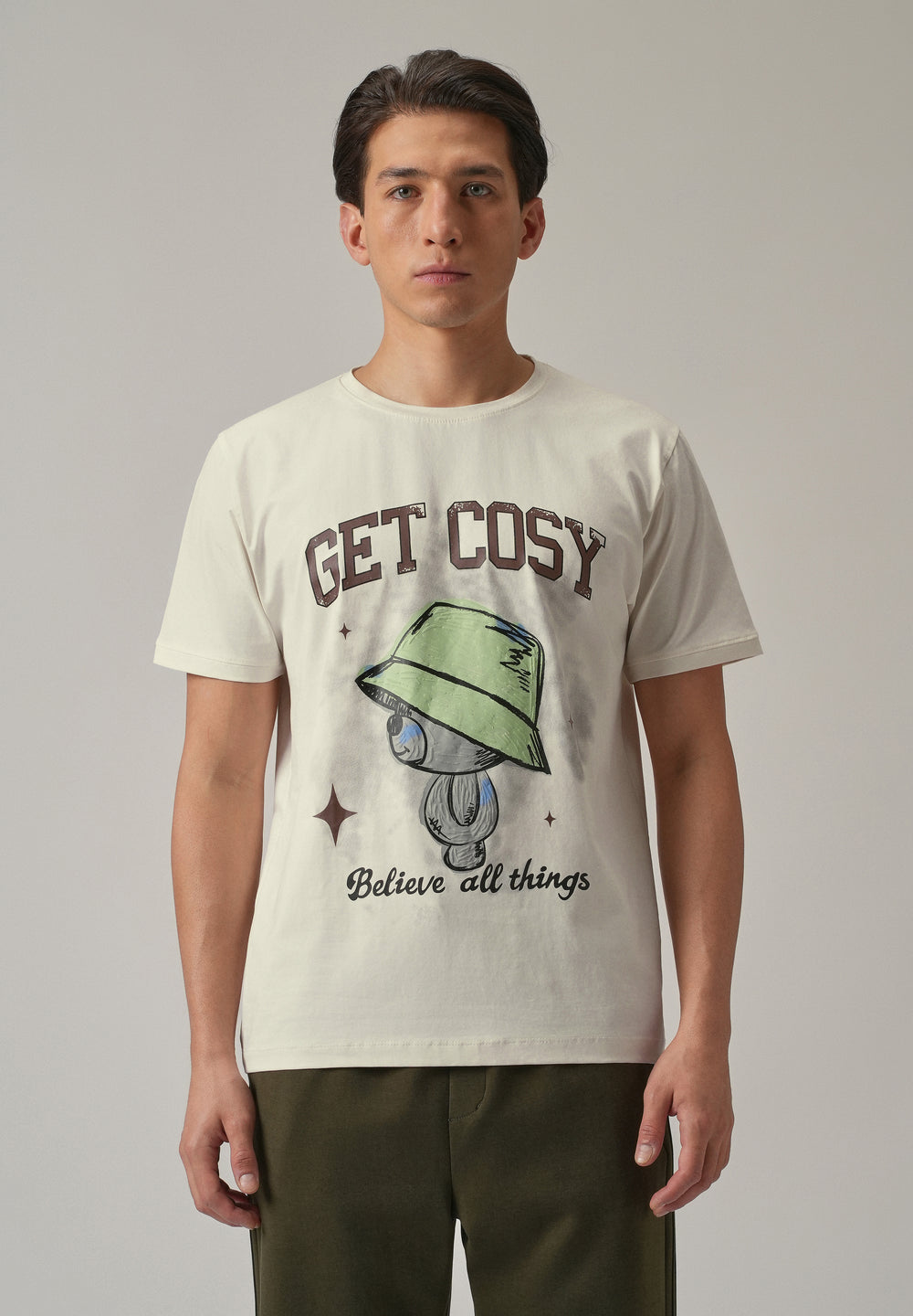 Cream Printed Slim Fit T-Shirt