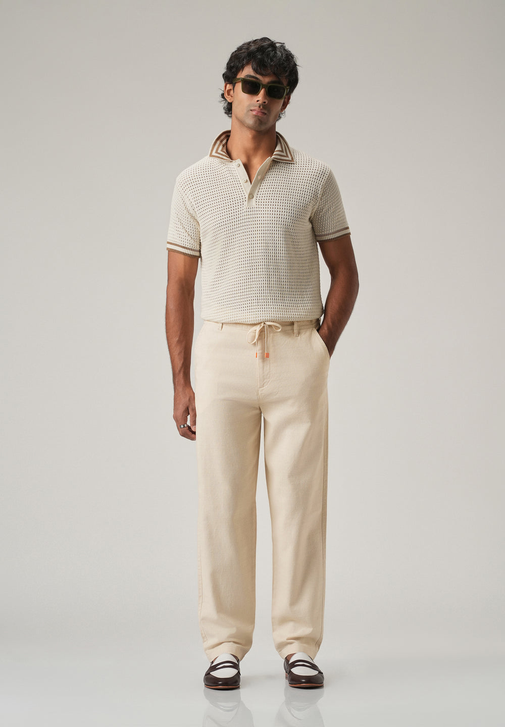 Cream Linen-Look Cotton Trousers