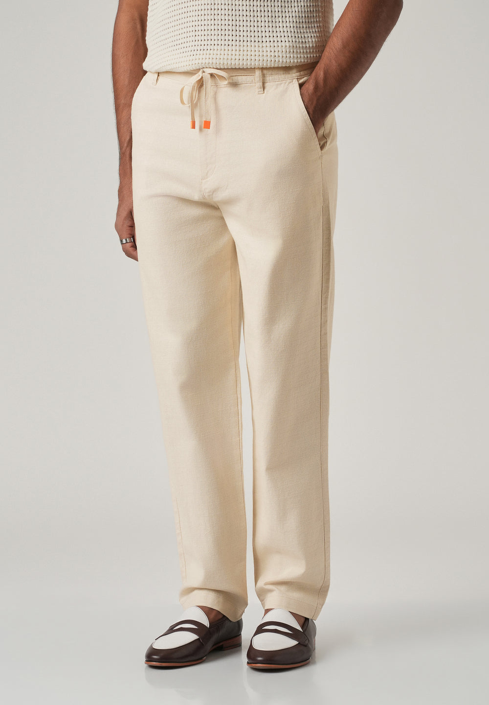 Cream Linen-Look Cotton Trousers