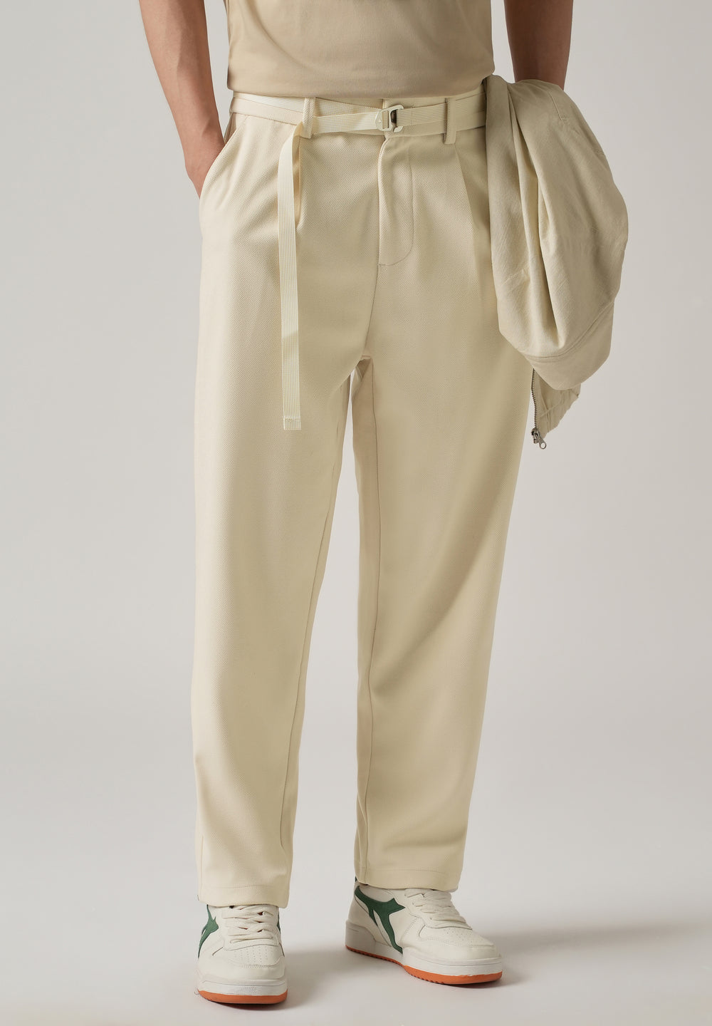 Cream Relaxed Fit Textured Pleated Pant