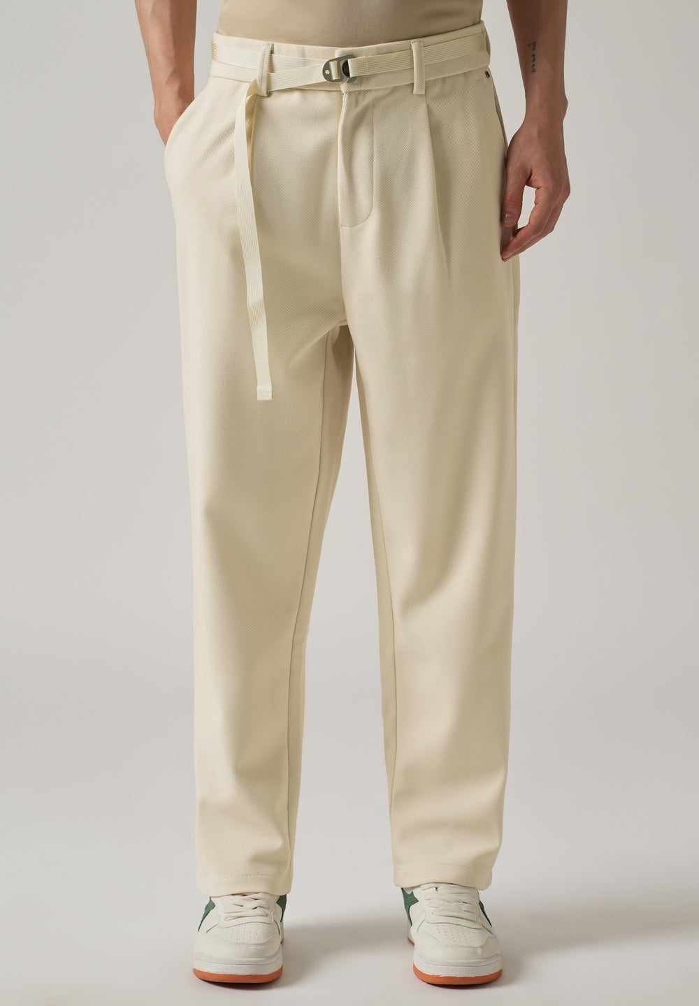 Cream Relaxed Fit Textured Pleated Pant
