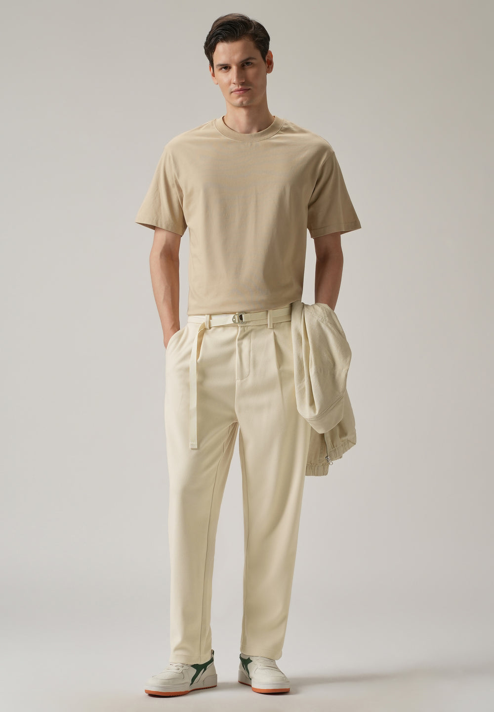 Cream Relaxed Fit Textured Pleated Pant