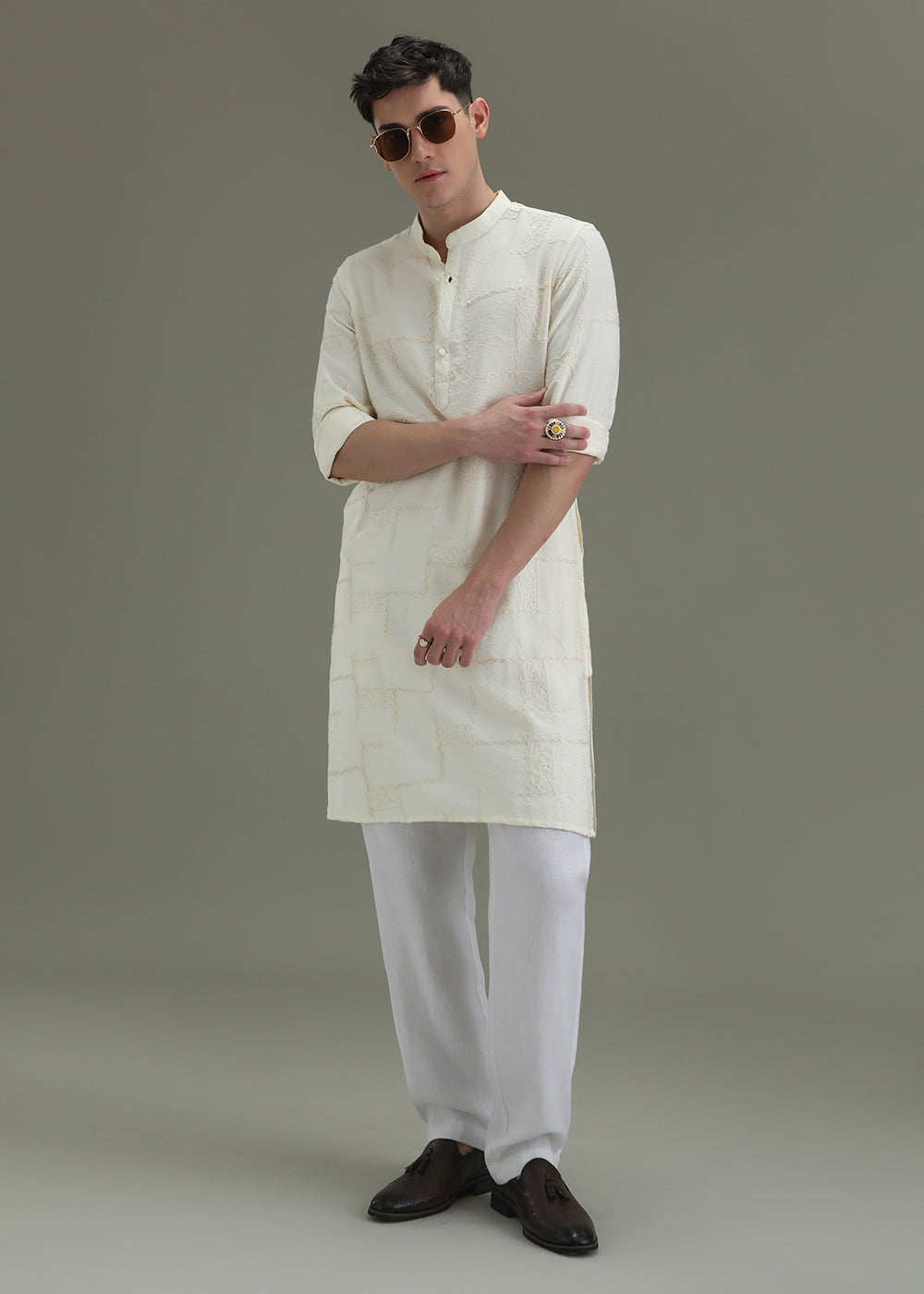 Cream Self Embroidered Kurta