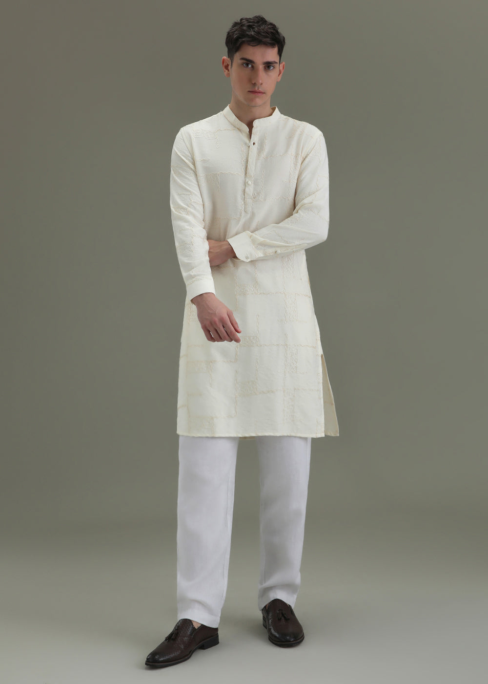 Cream Self Embroidered Kurta