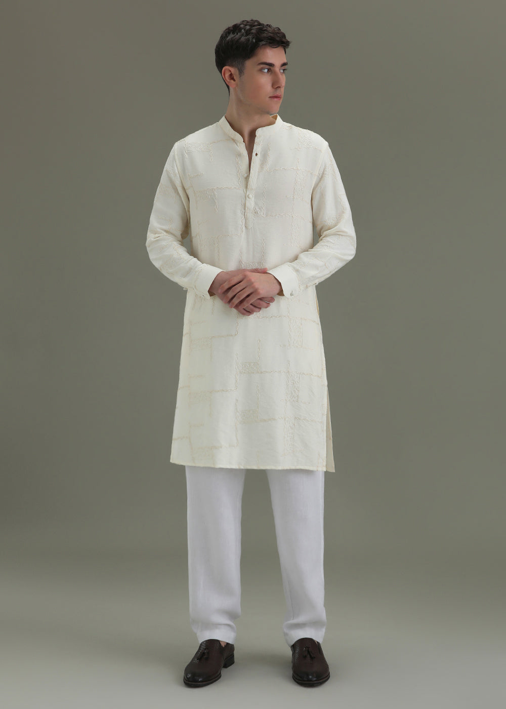 Cream Self Embroidered Kurta