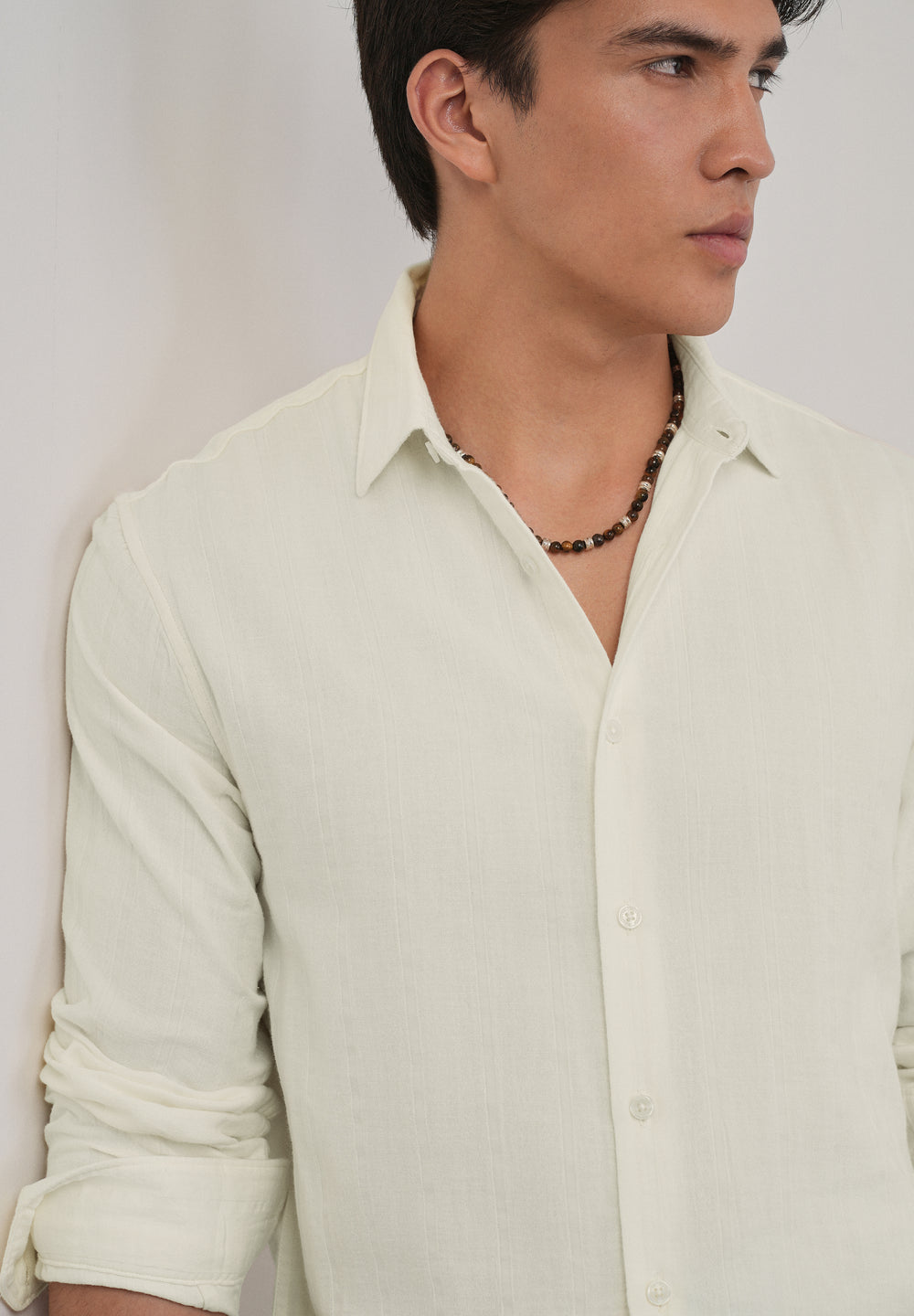 Cream Self Striped Cotton Shirt
