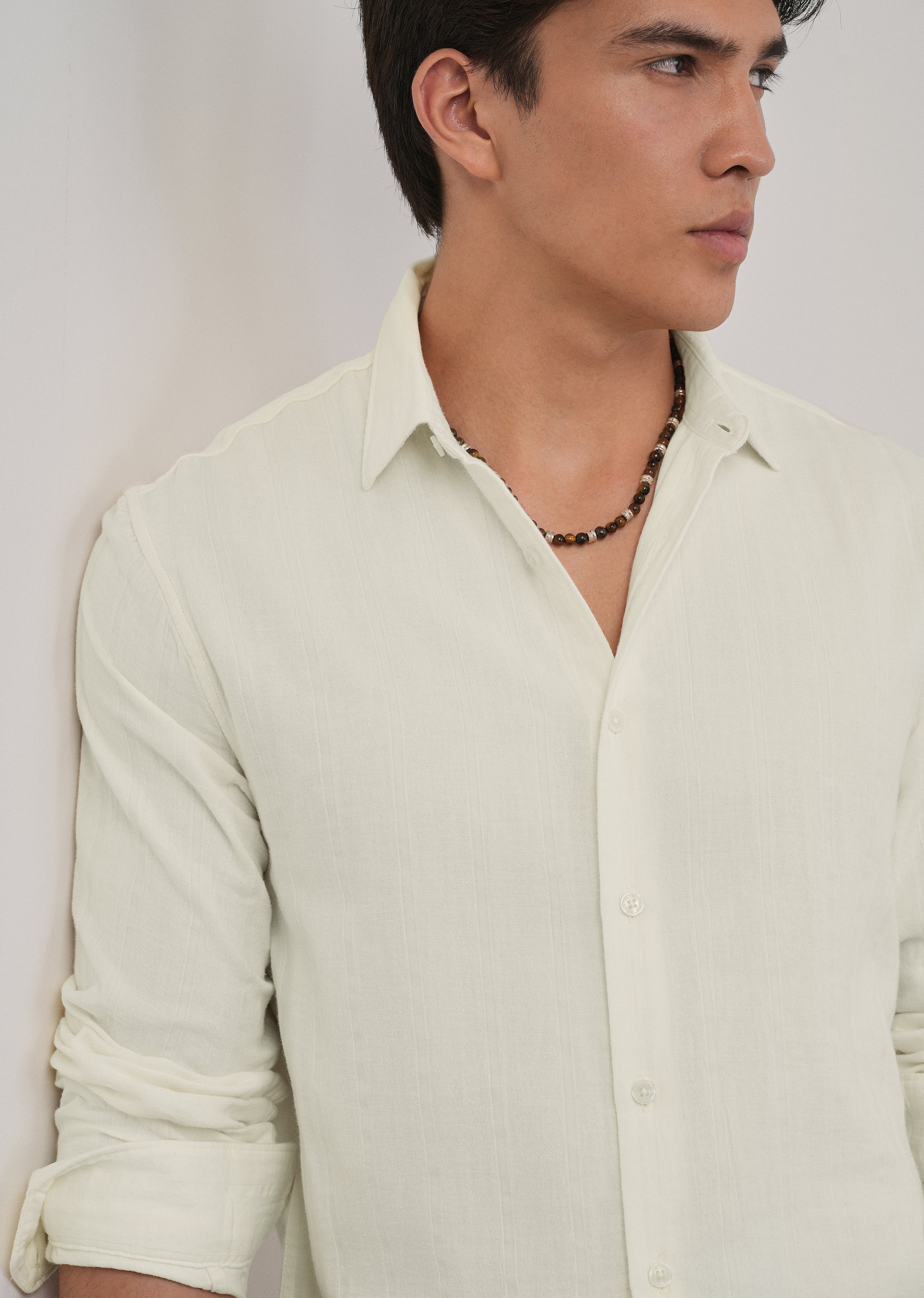 Cream Self Striped Cotton Shirt
