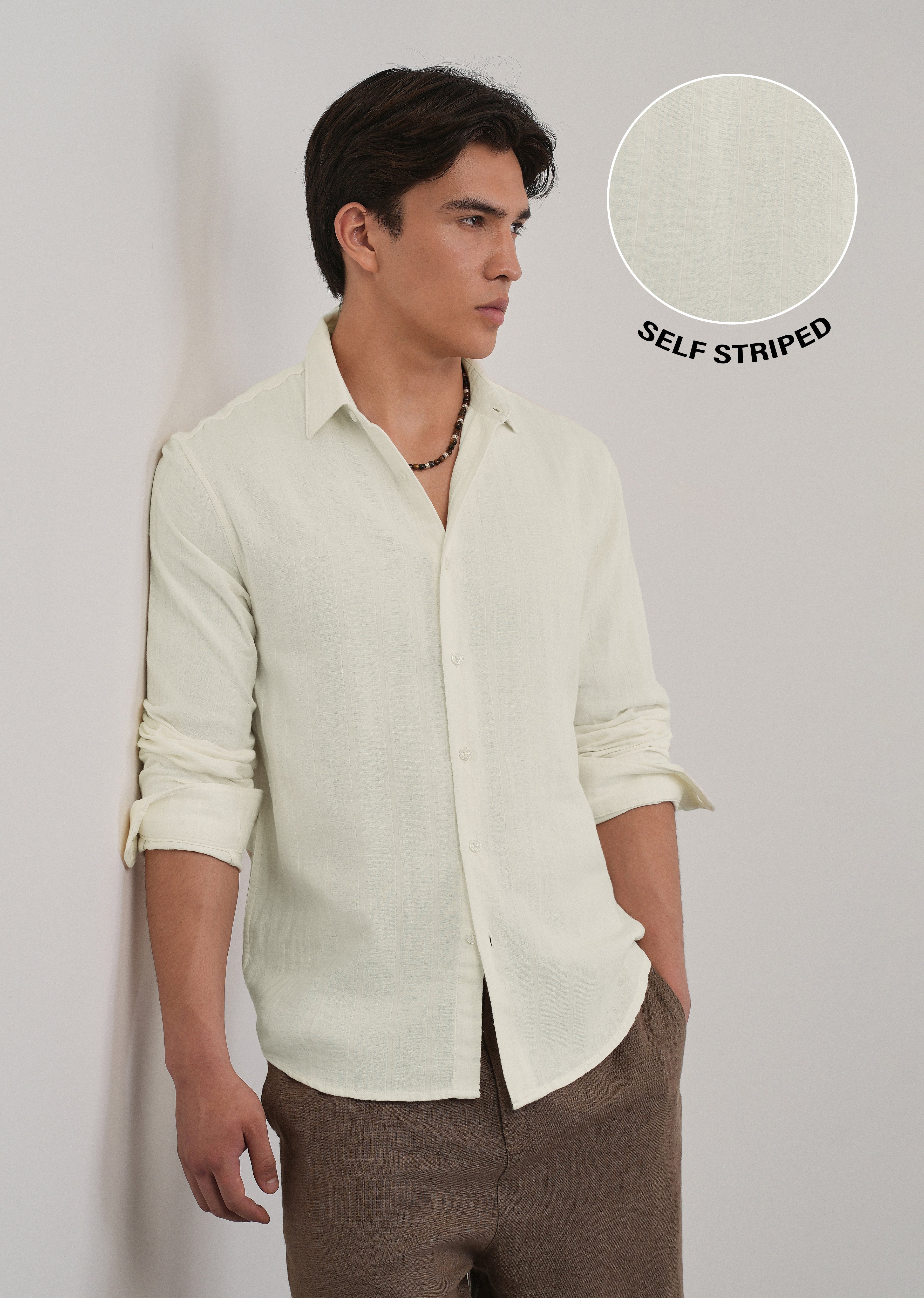 Cream Self Striped Cotton Shirt