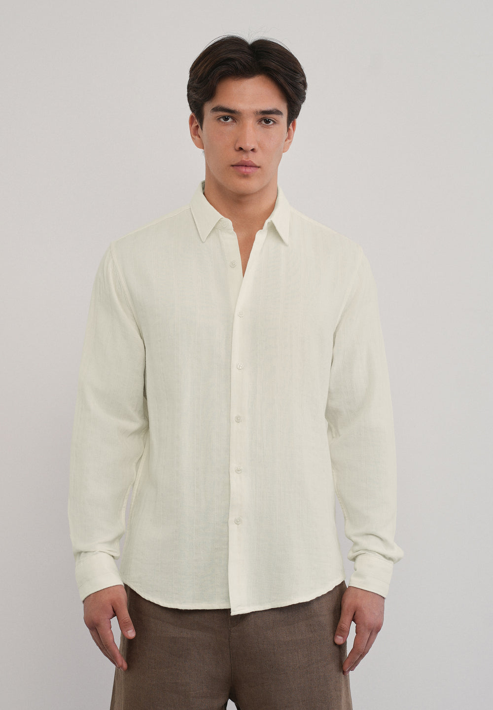 Cream Self Striped Cotton Shirt