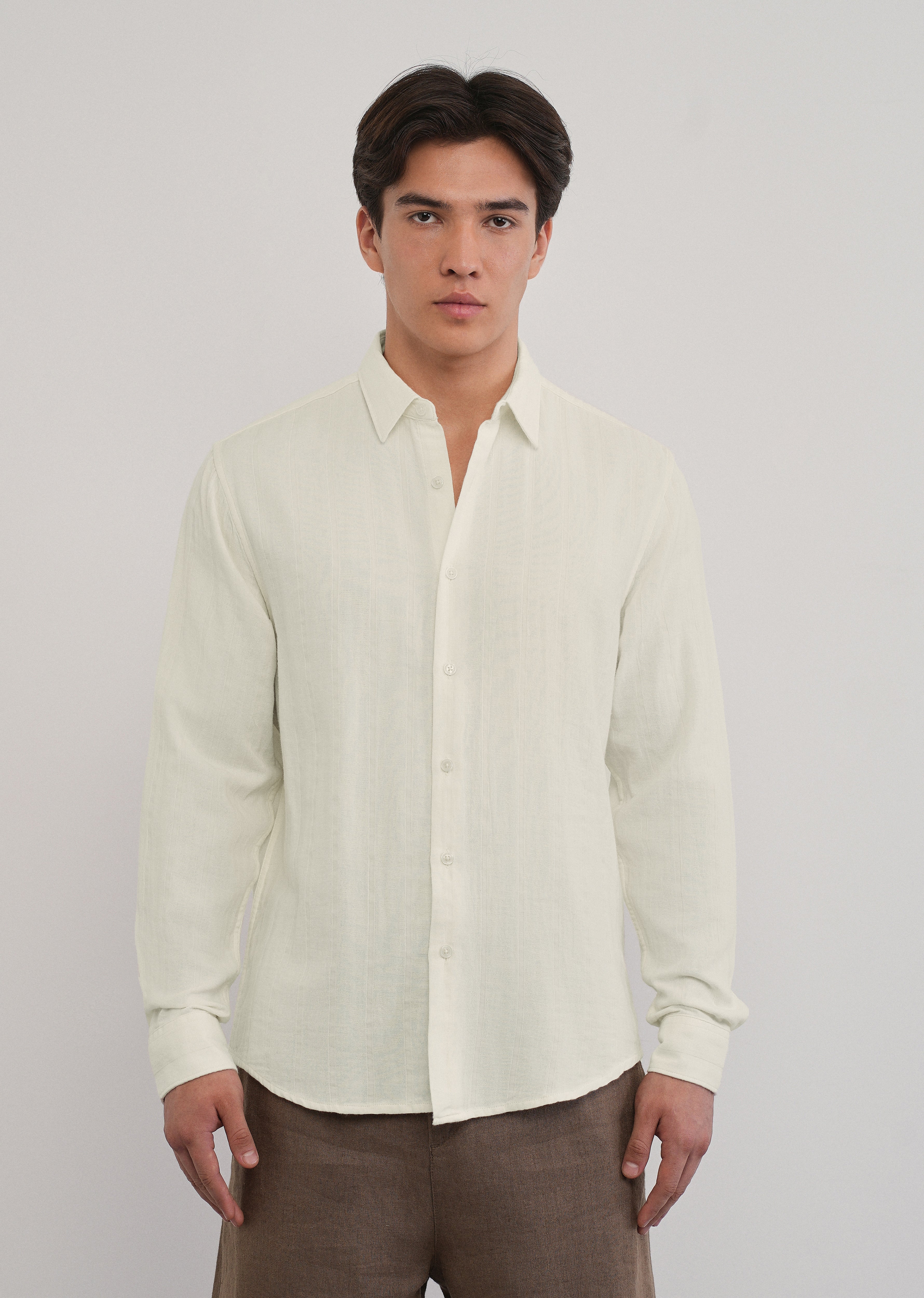 Cream Self Striped Cotton Shirt