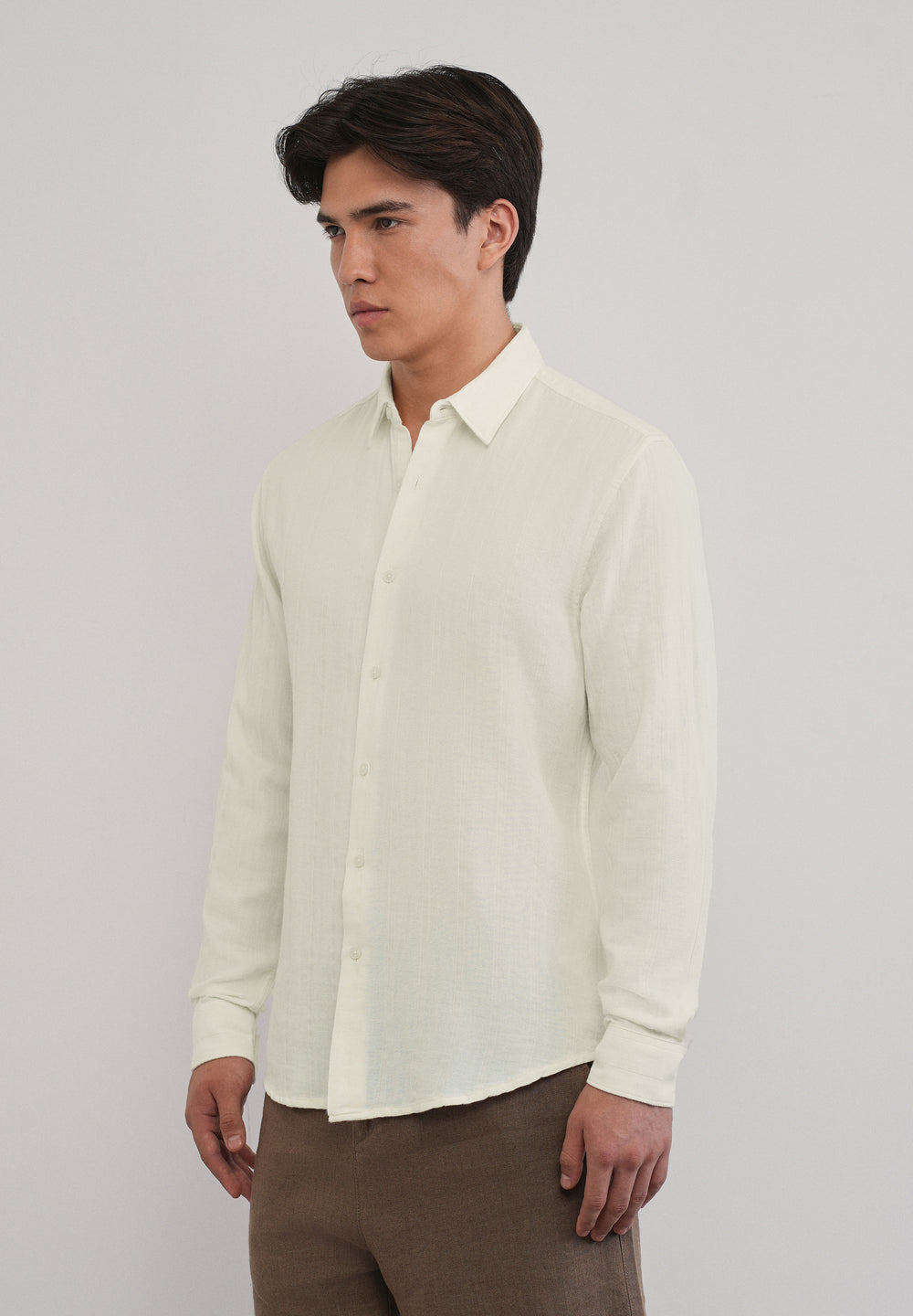 Cream Self Striped Cotton Shirt