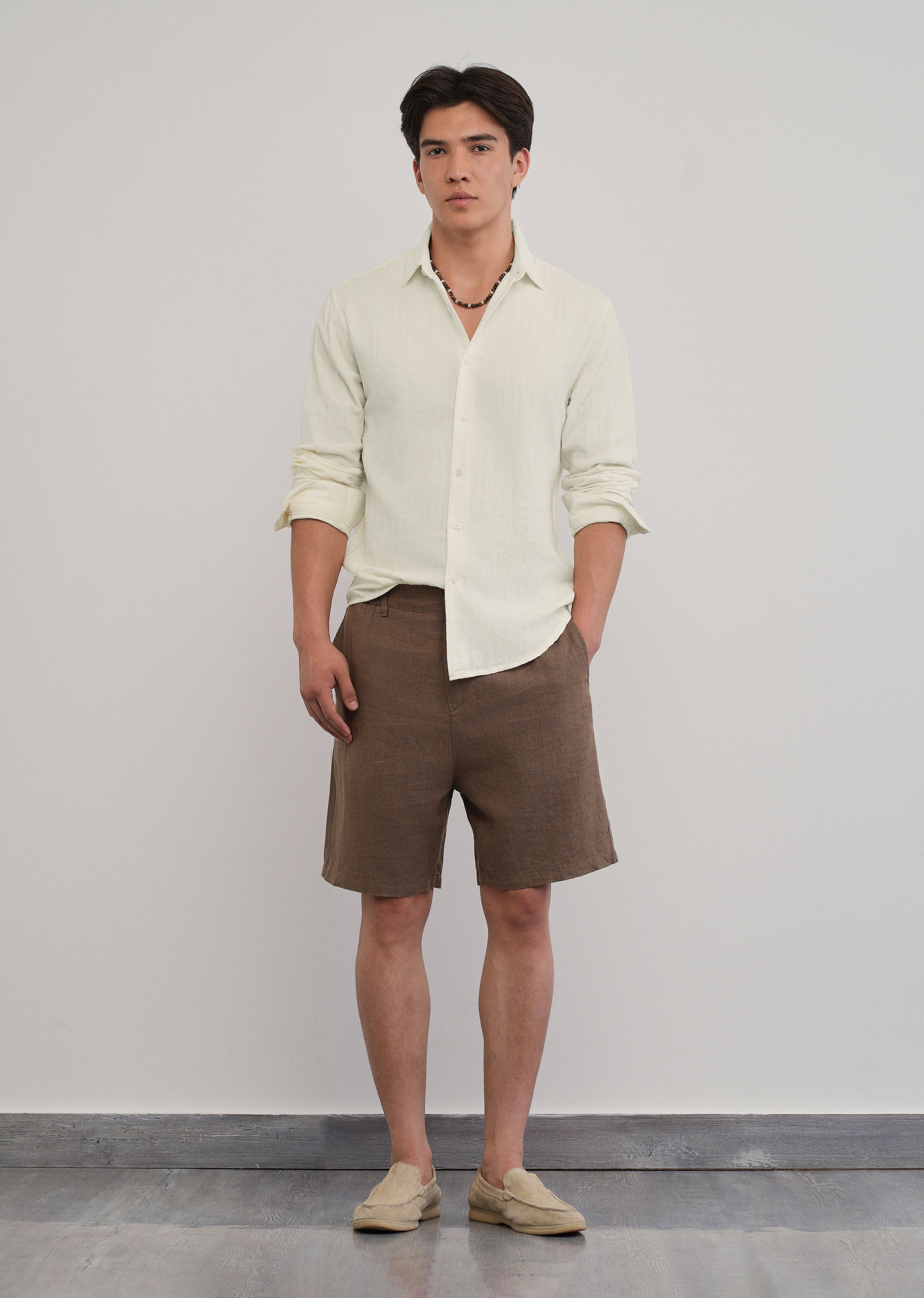 Cream Self Striped Cotton Shirt