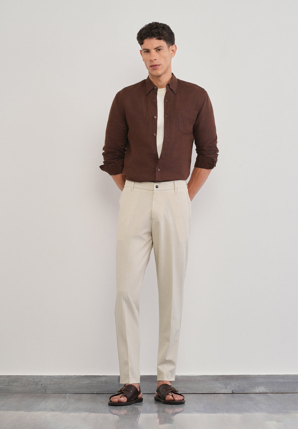 Cream Semi-Elastic Slim Fit Trouser