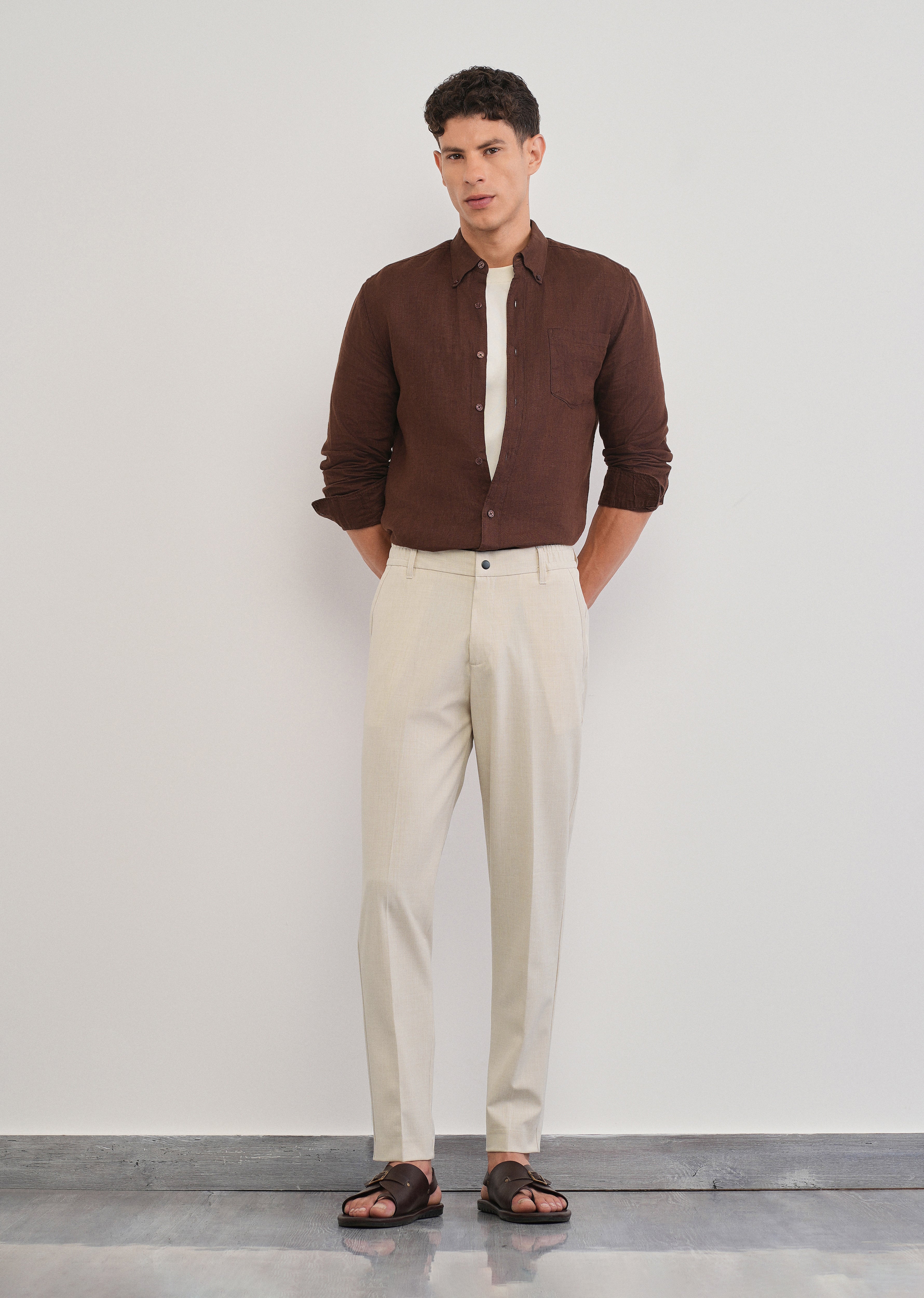 Cream Semi-Elastic Slim Fit Trouser