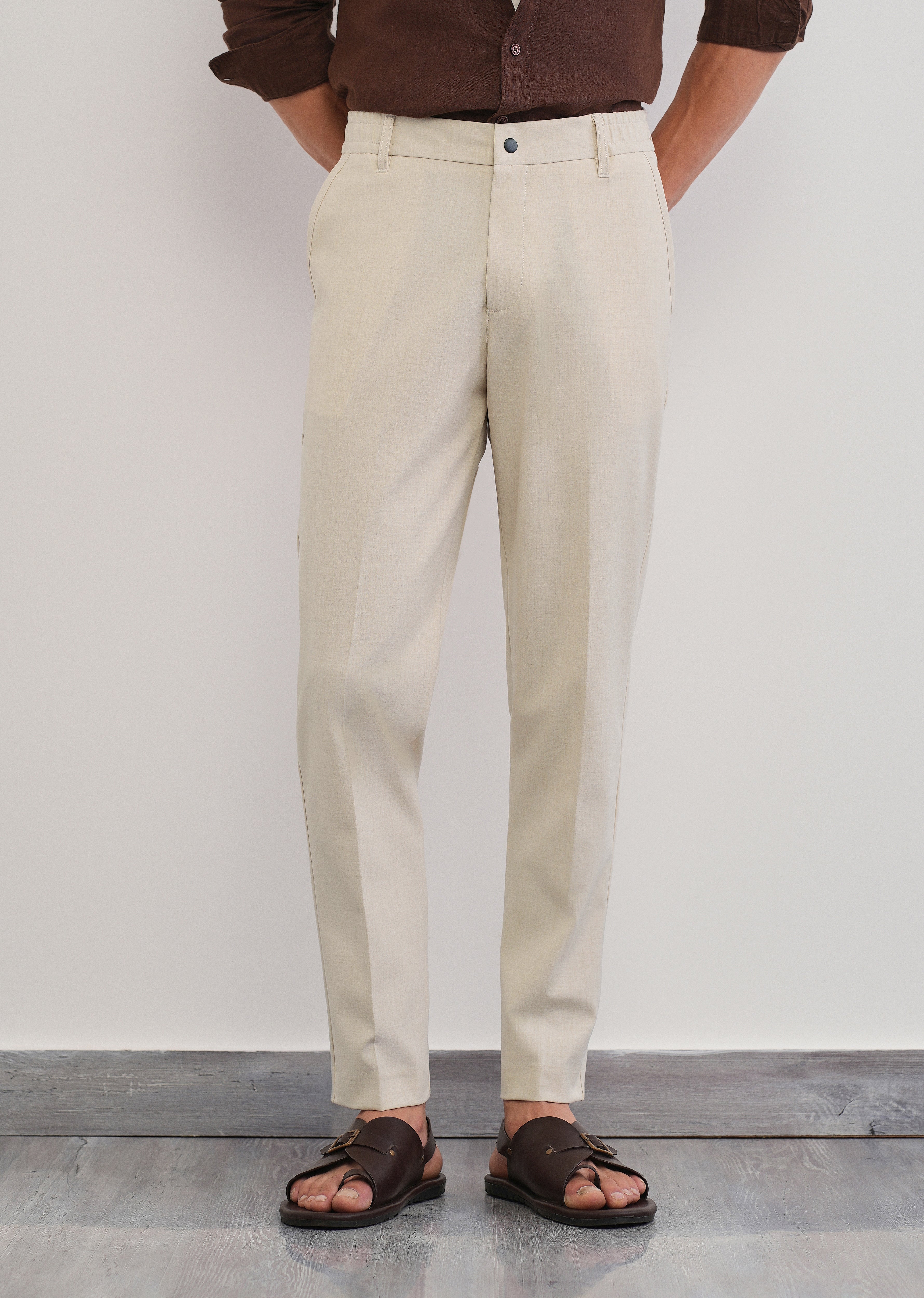 Cream Semi-Elastic Slim Fit Trouser