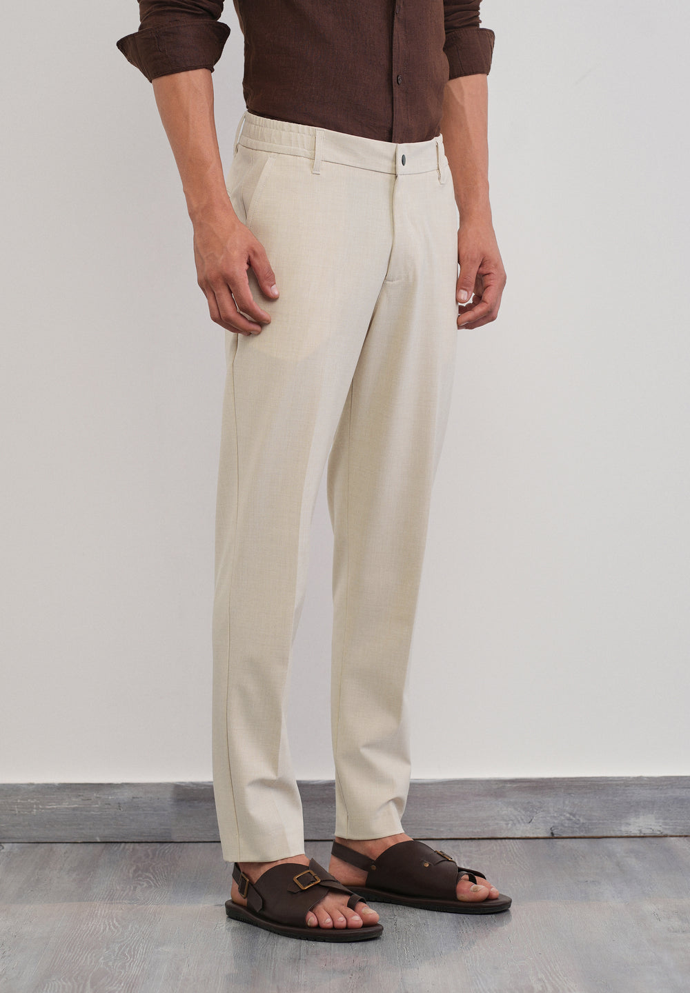 Cream Semi-Elastic Slim Fit Trouser