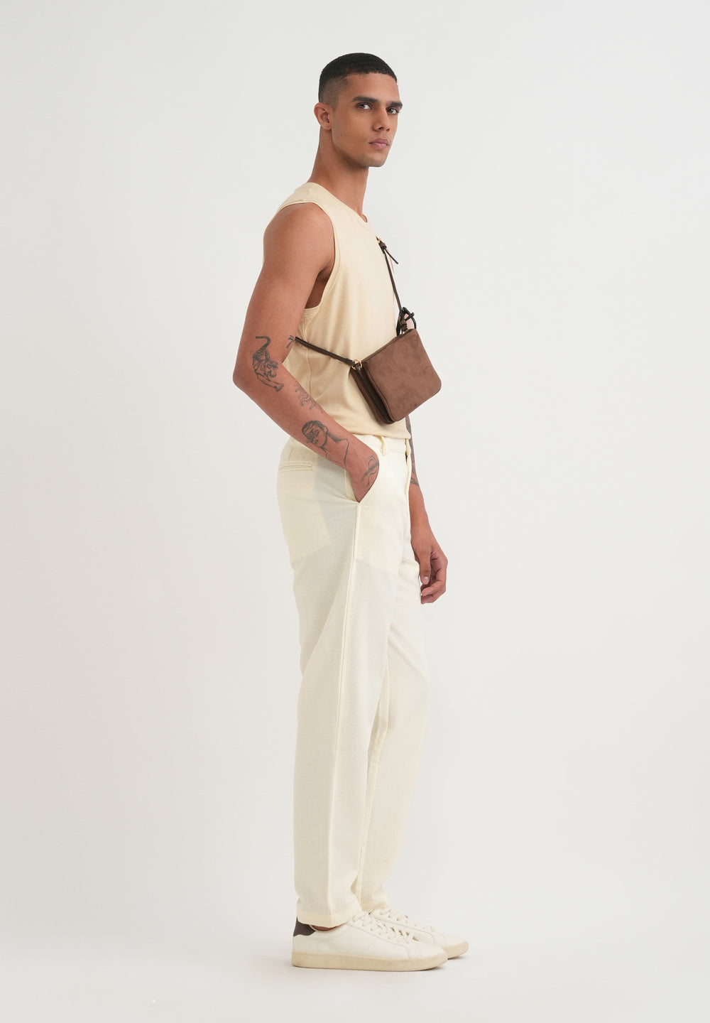 Cream Semi-Elasticated Textured Pant