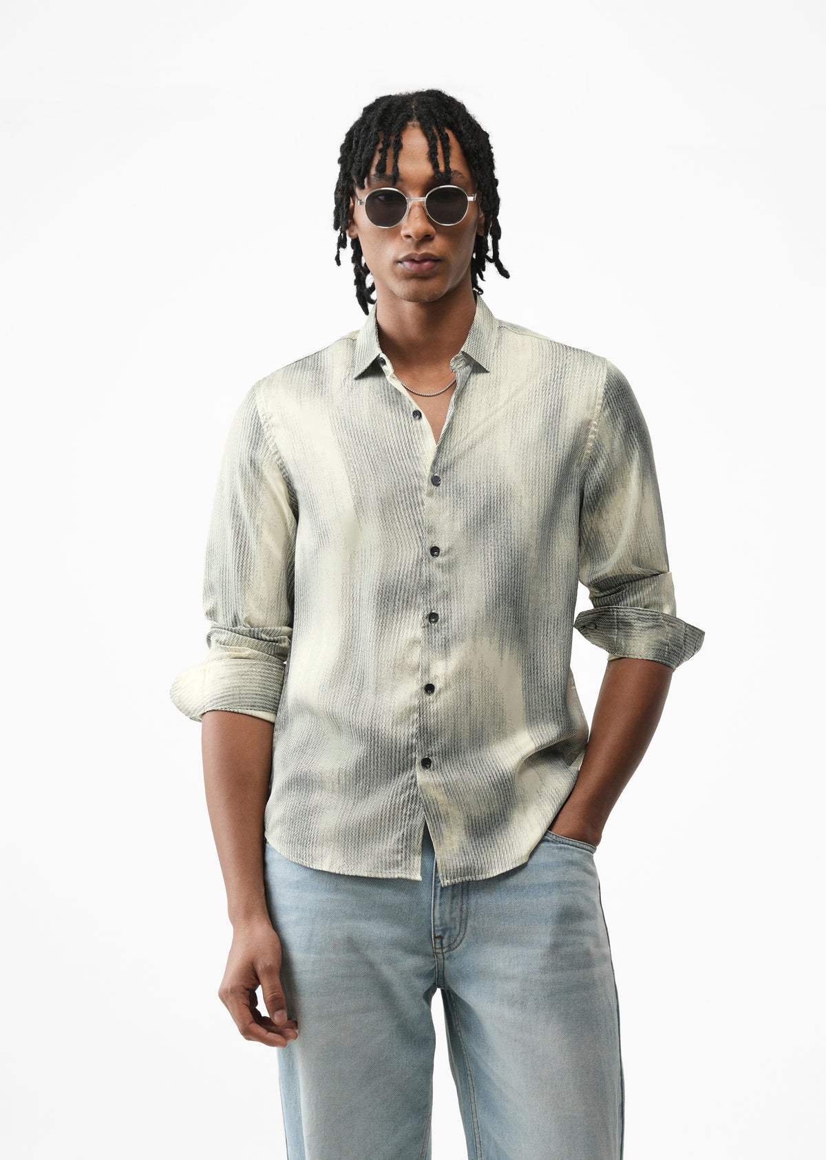 Cream Stippling Abstract Print Shirt