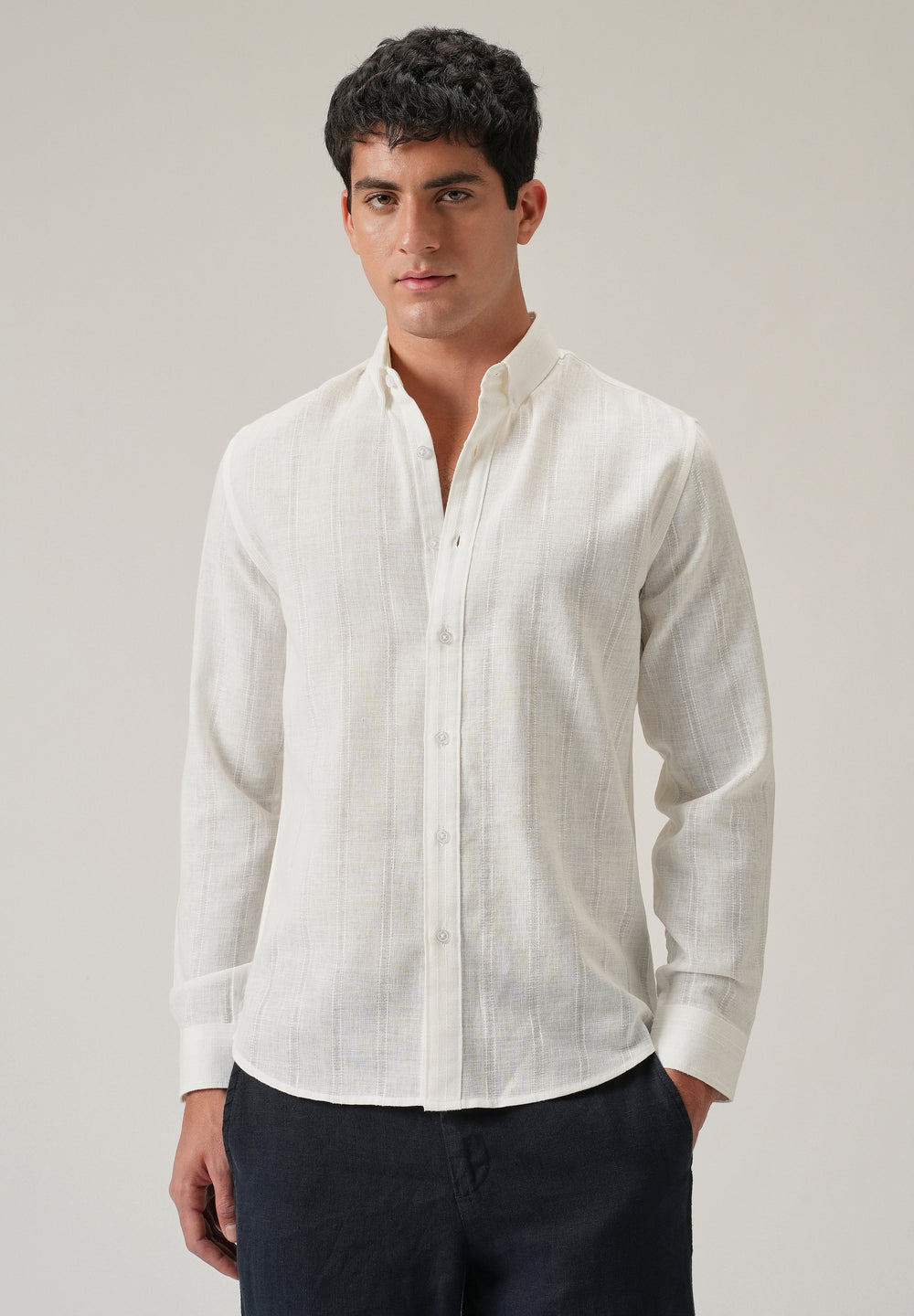 Cream Stripe Blended Linen Shirt