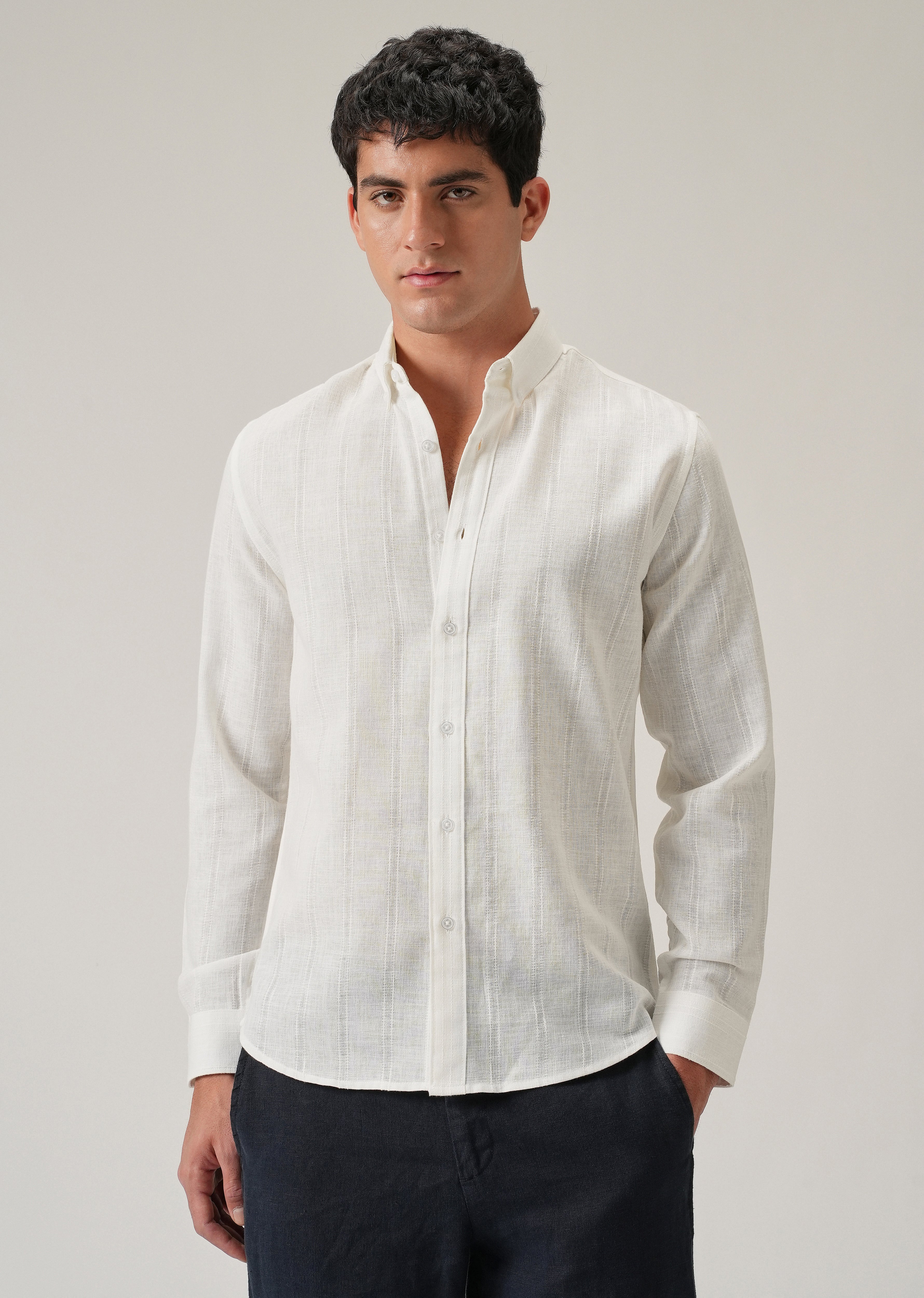 Cream Stripe Blended Linen Shirt