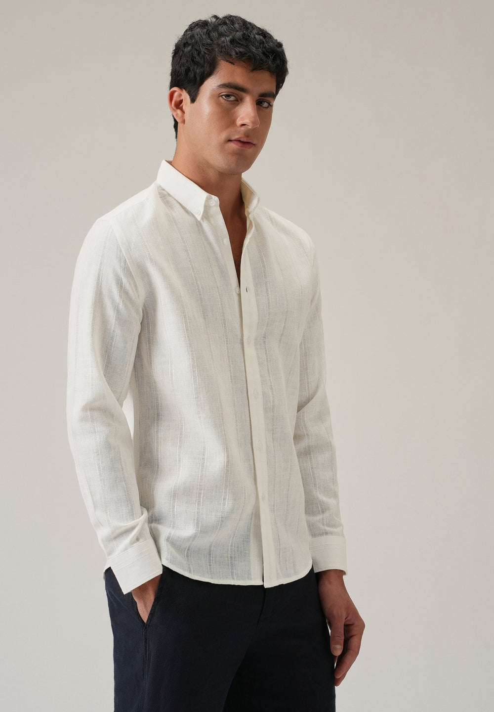 Cream Stripe Blended Linen Shirt