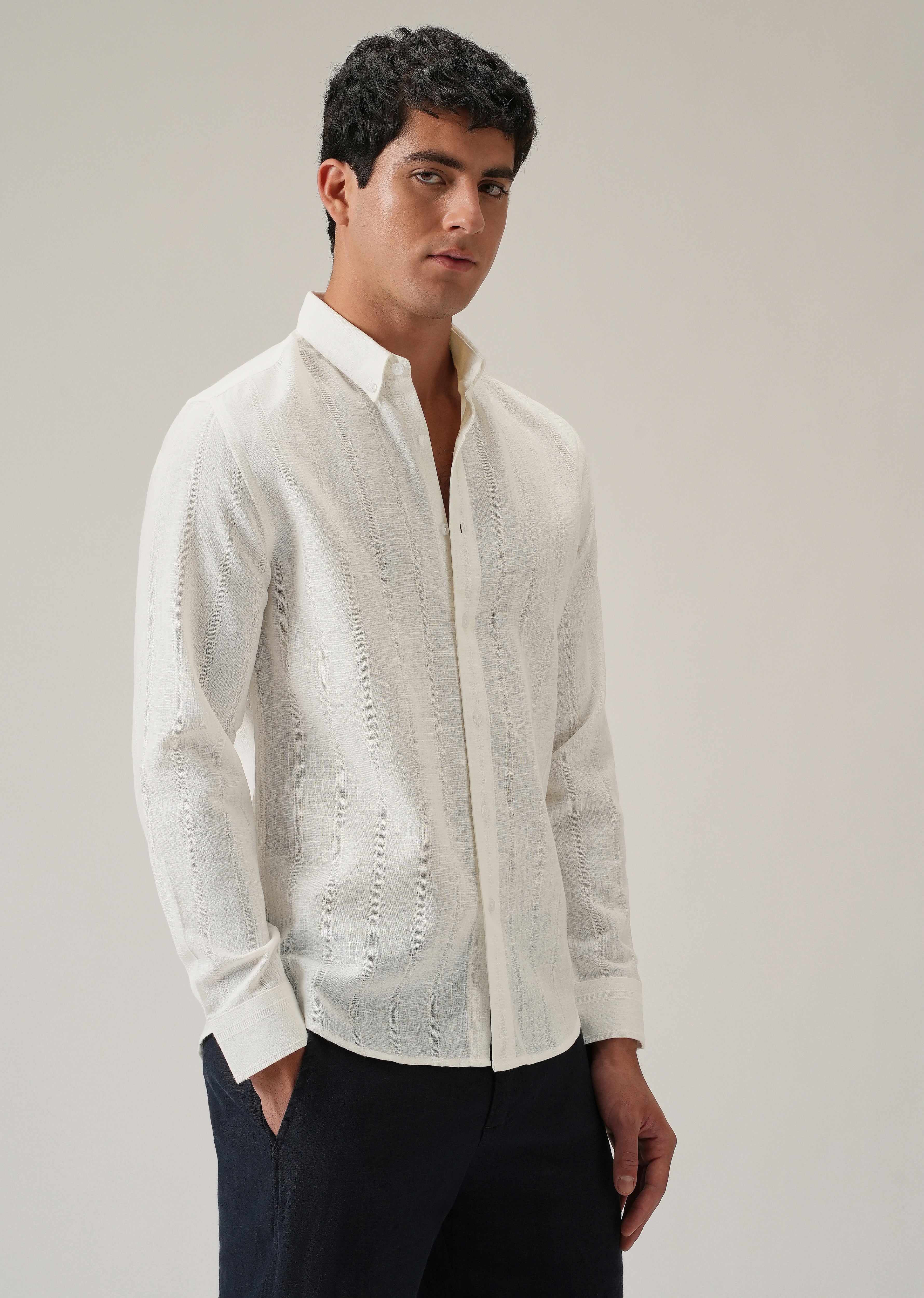 Cream Stripe Blended Linen Shirt