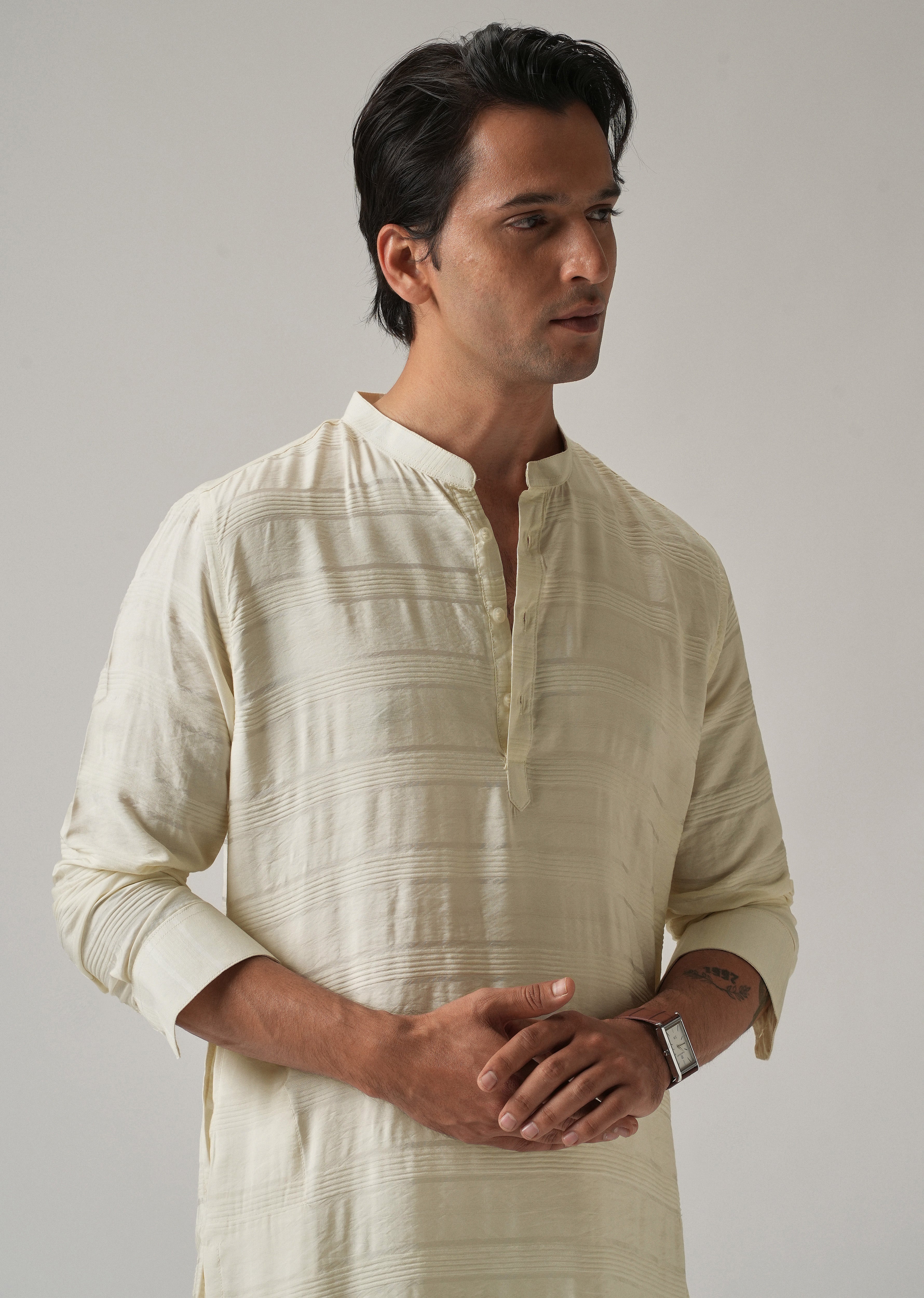 Cream Nylon Subtle Stripe Kurta