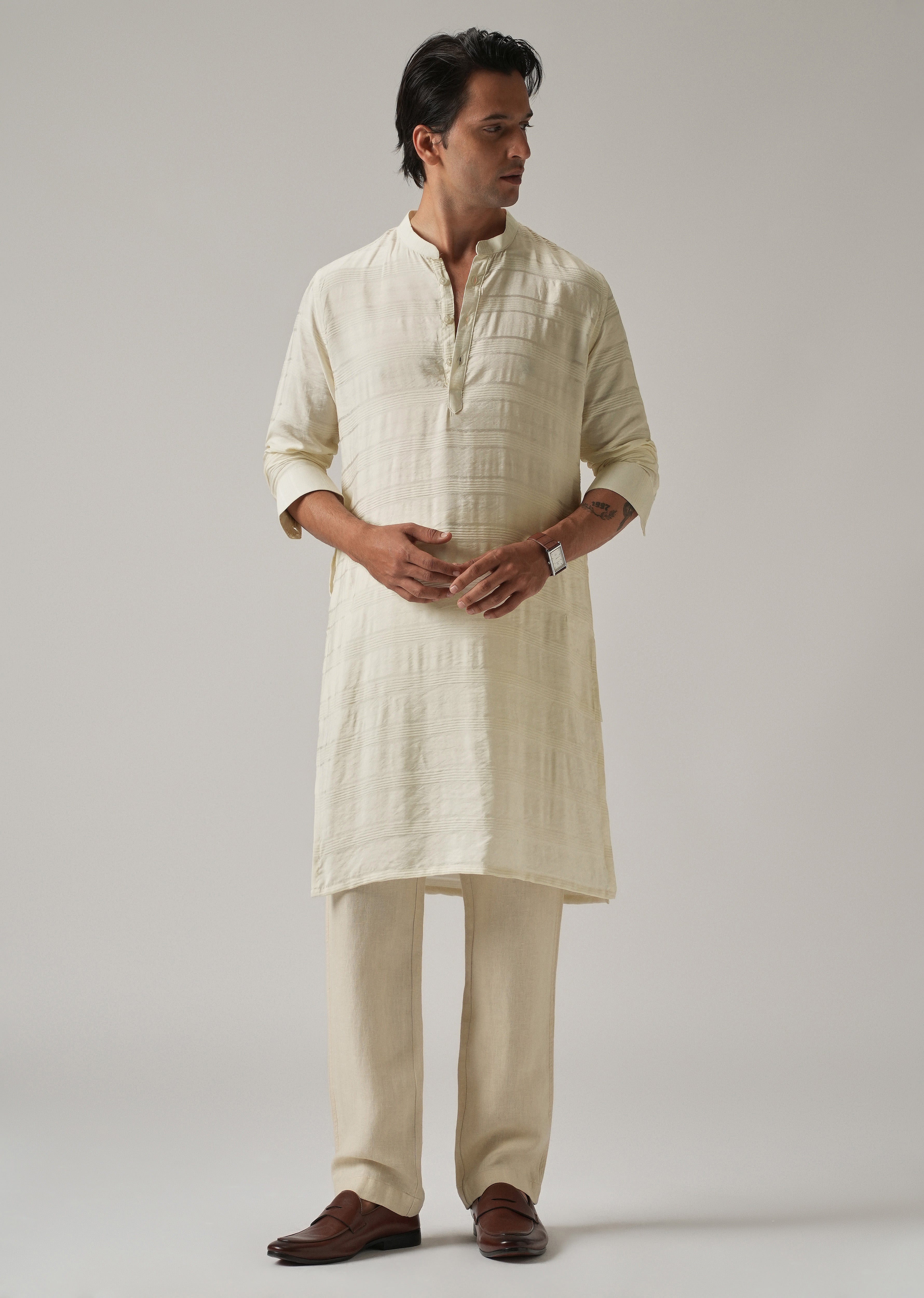 Cream Nylon Subtle Stripe Kurta