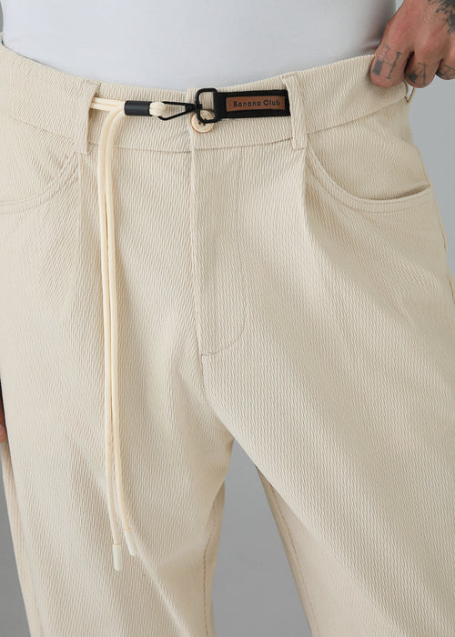 Cream Textured Corduroy Drawstring Pant