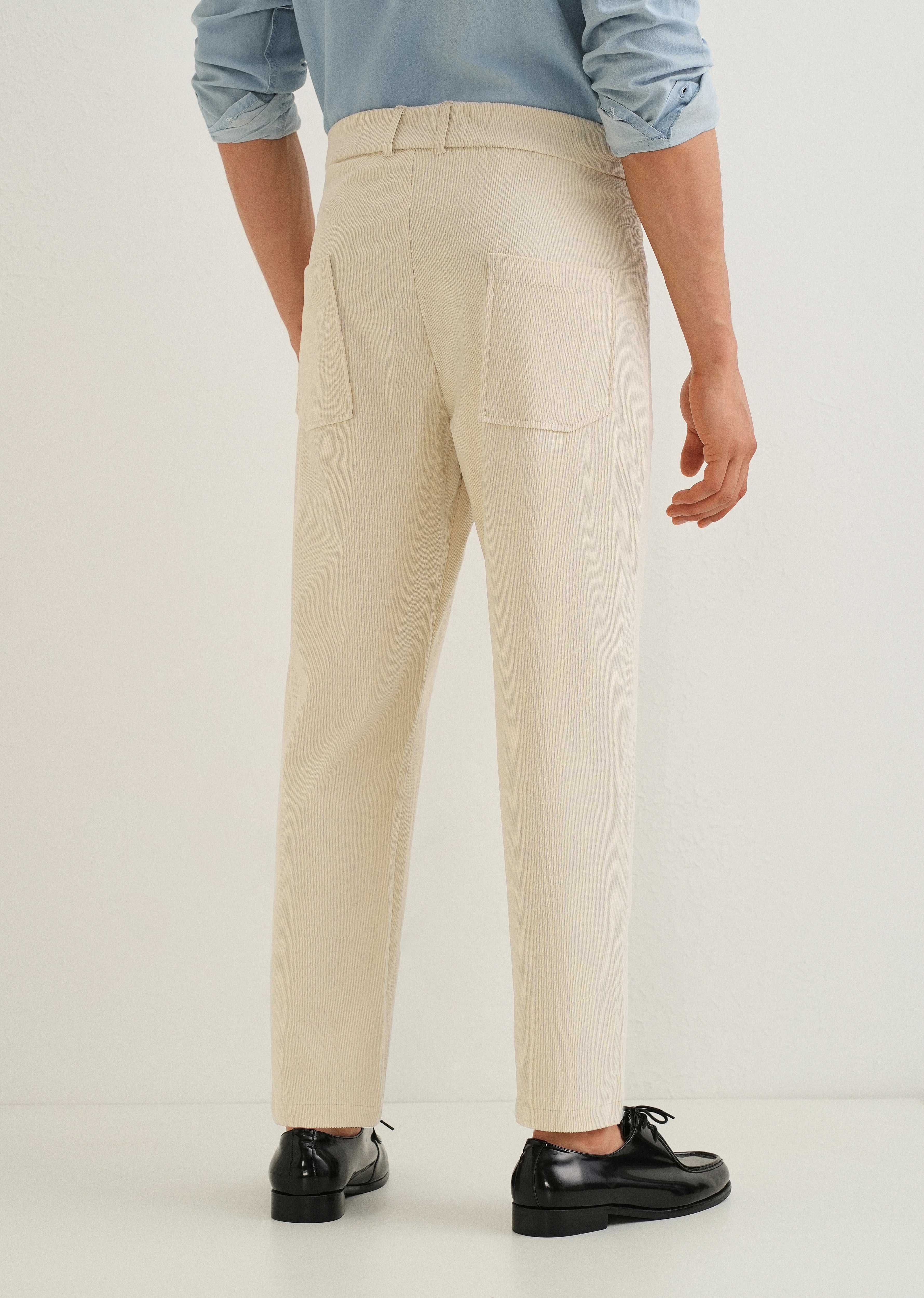 Cream Textured Corduroy Drawstring Pant