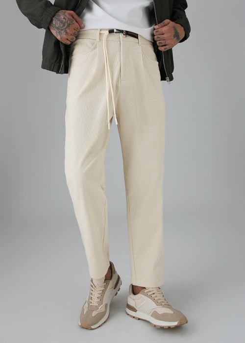 Cream Textured Corduroy Drawstring Pant