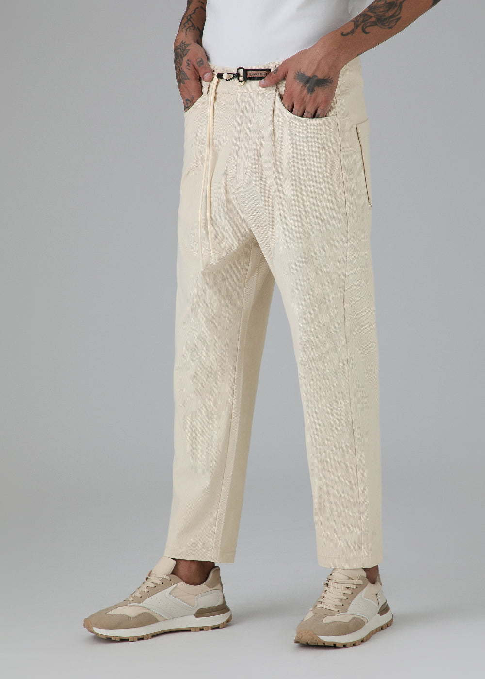 Cream Textured Corduroy Drawstring Pant