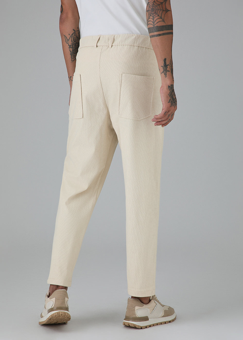 Cream Textured Corduroy Drawstring Pant