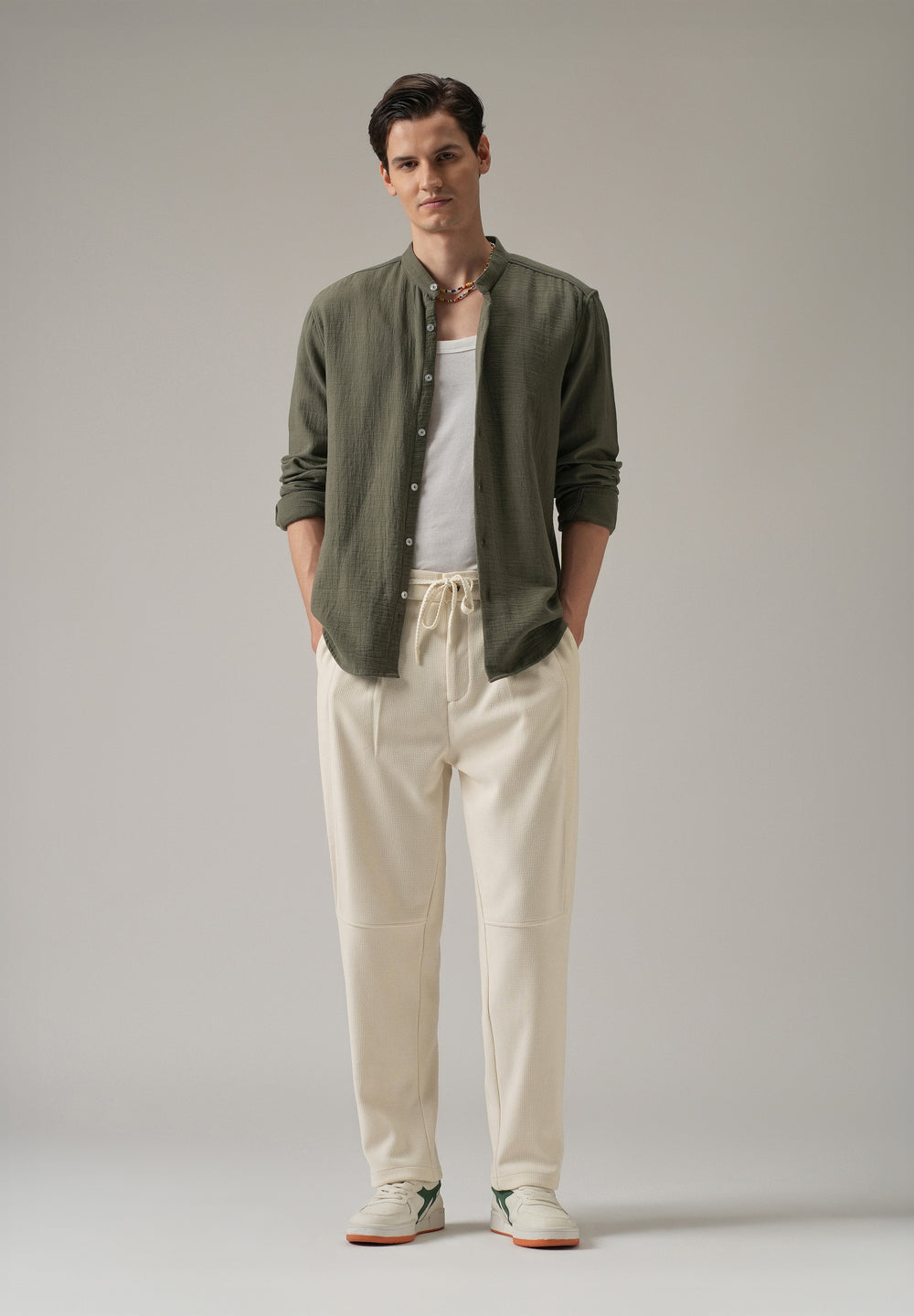 Cream Textured Suede Drawstring Pant
