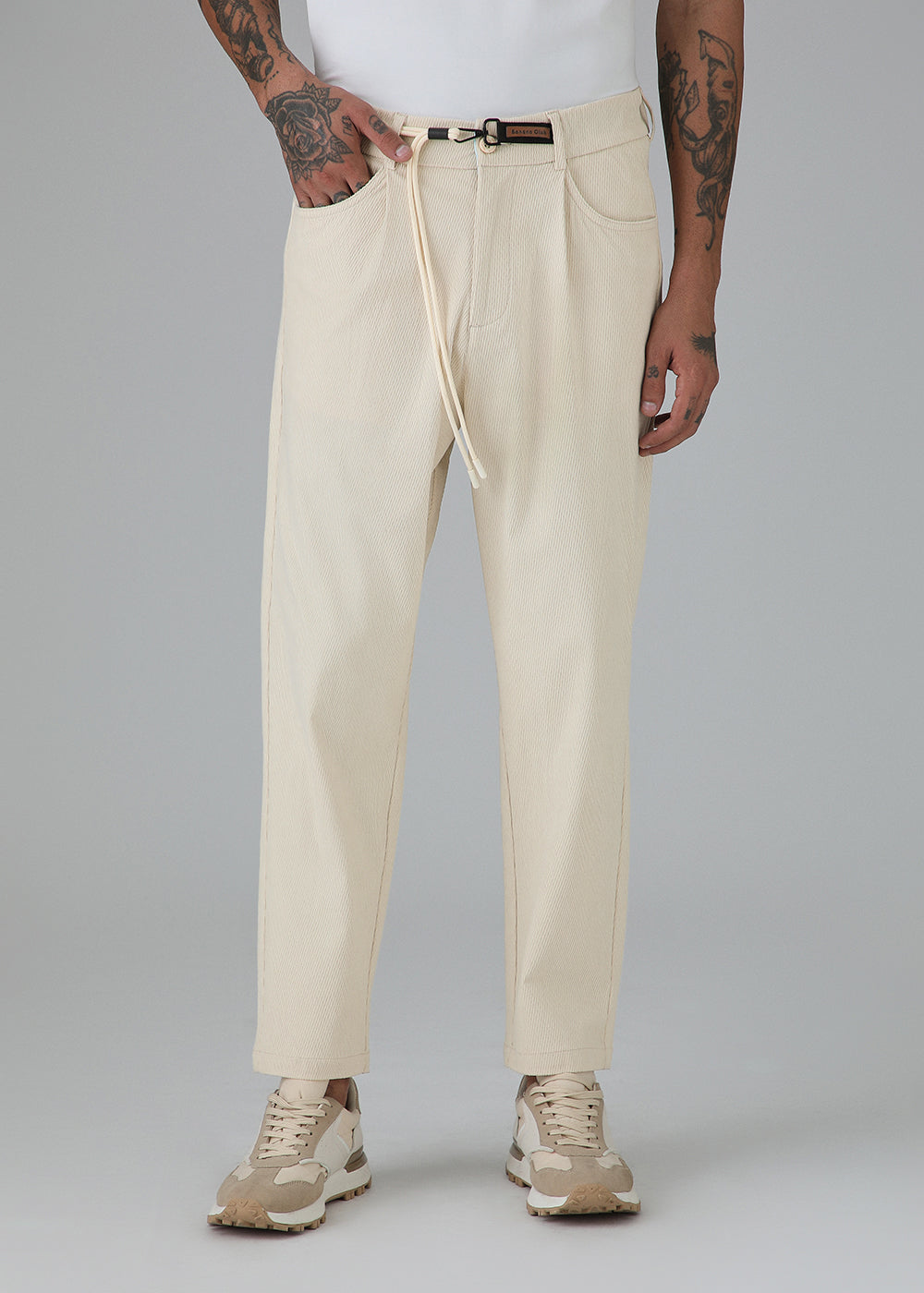 Cream Textured Corduroy Drawstring Pant