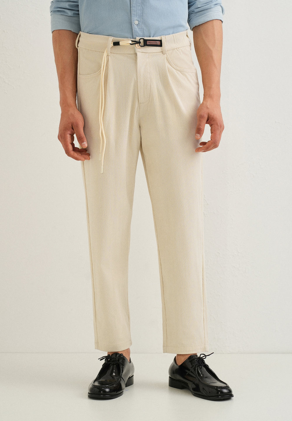 Cream Textured Corduroy Drawstring Pant