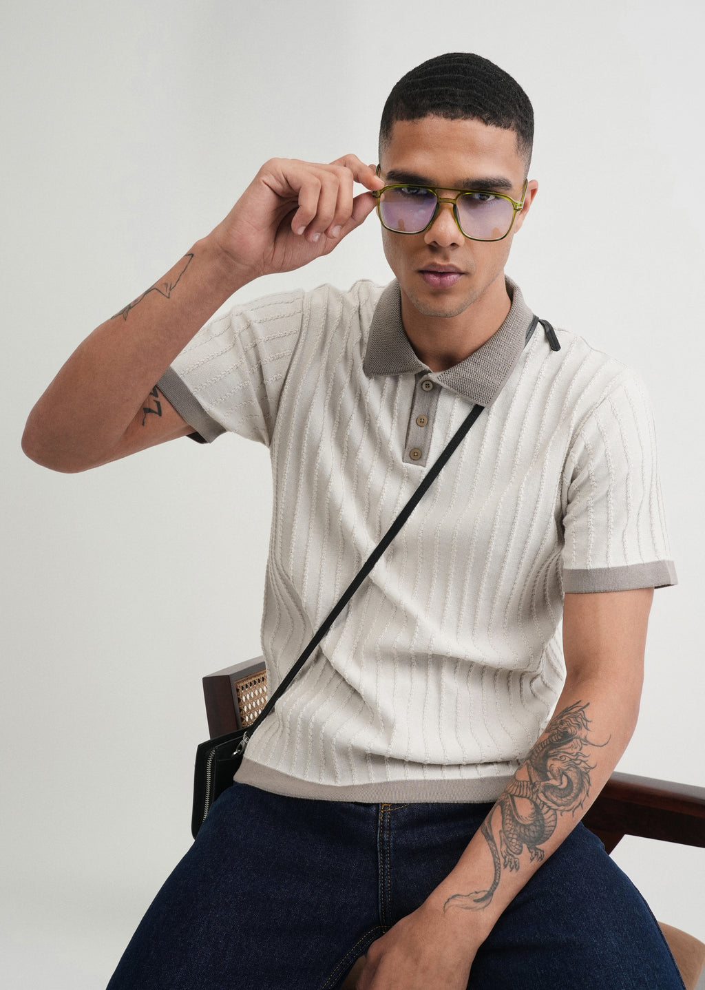 Cream Textured Knitted Polo