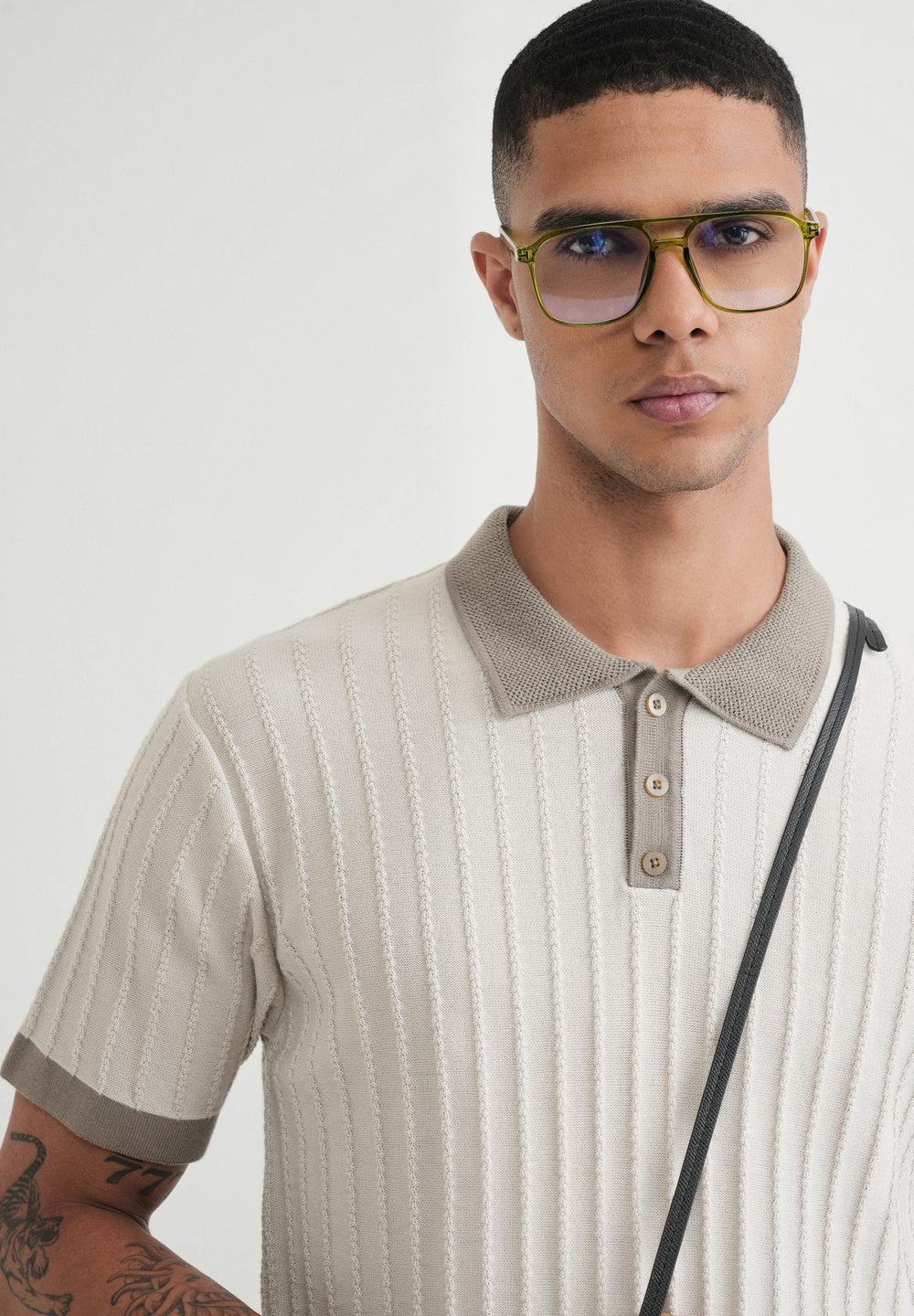 Cream Textured Knitted Polo