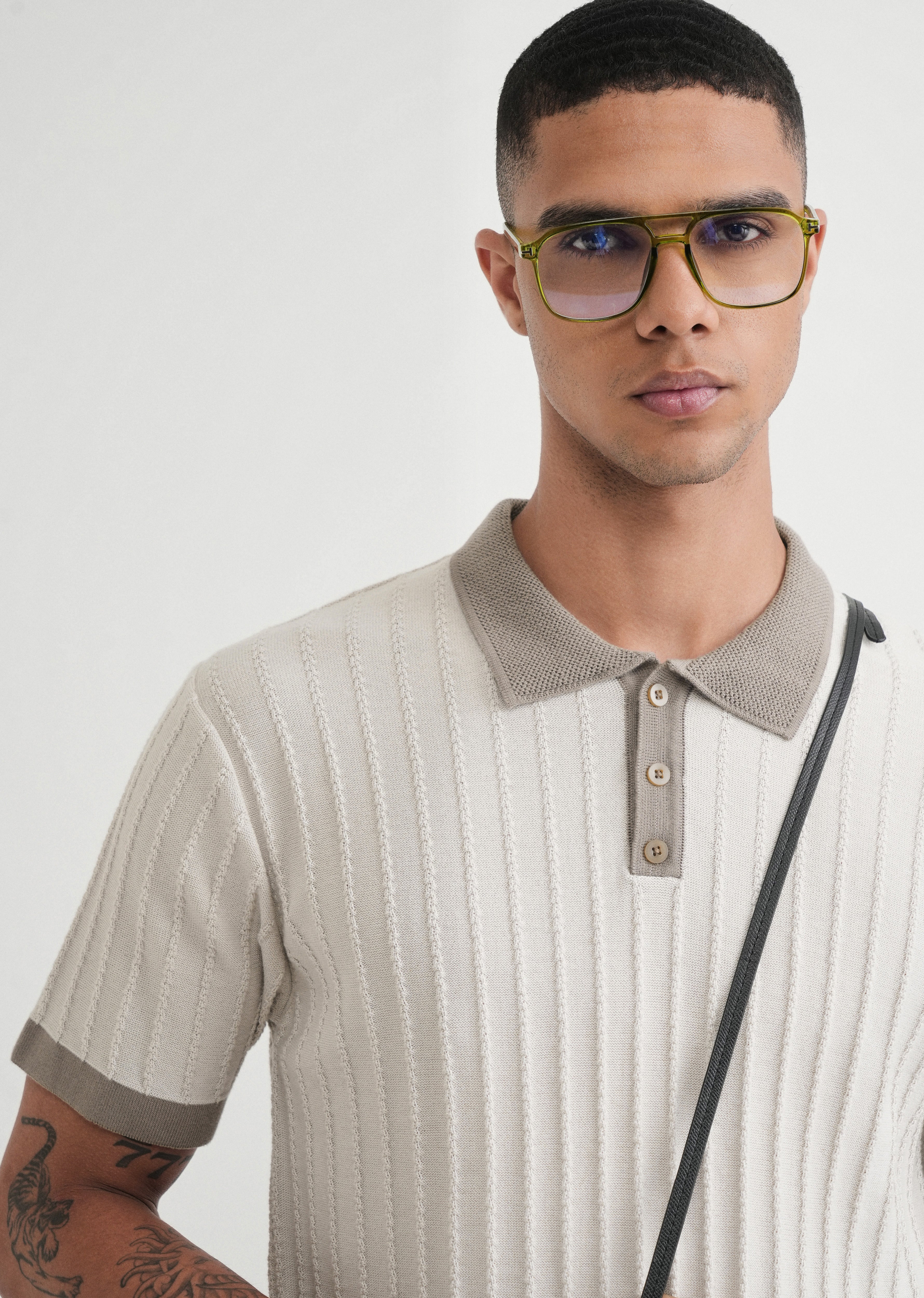 Cream Textured Knitted Polo